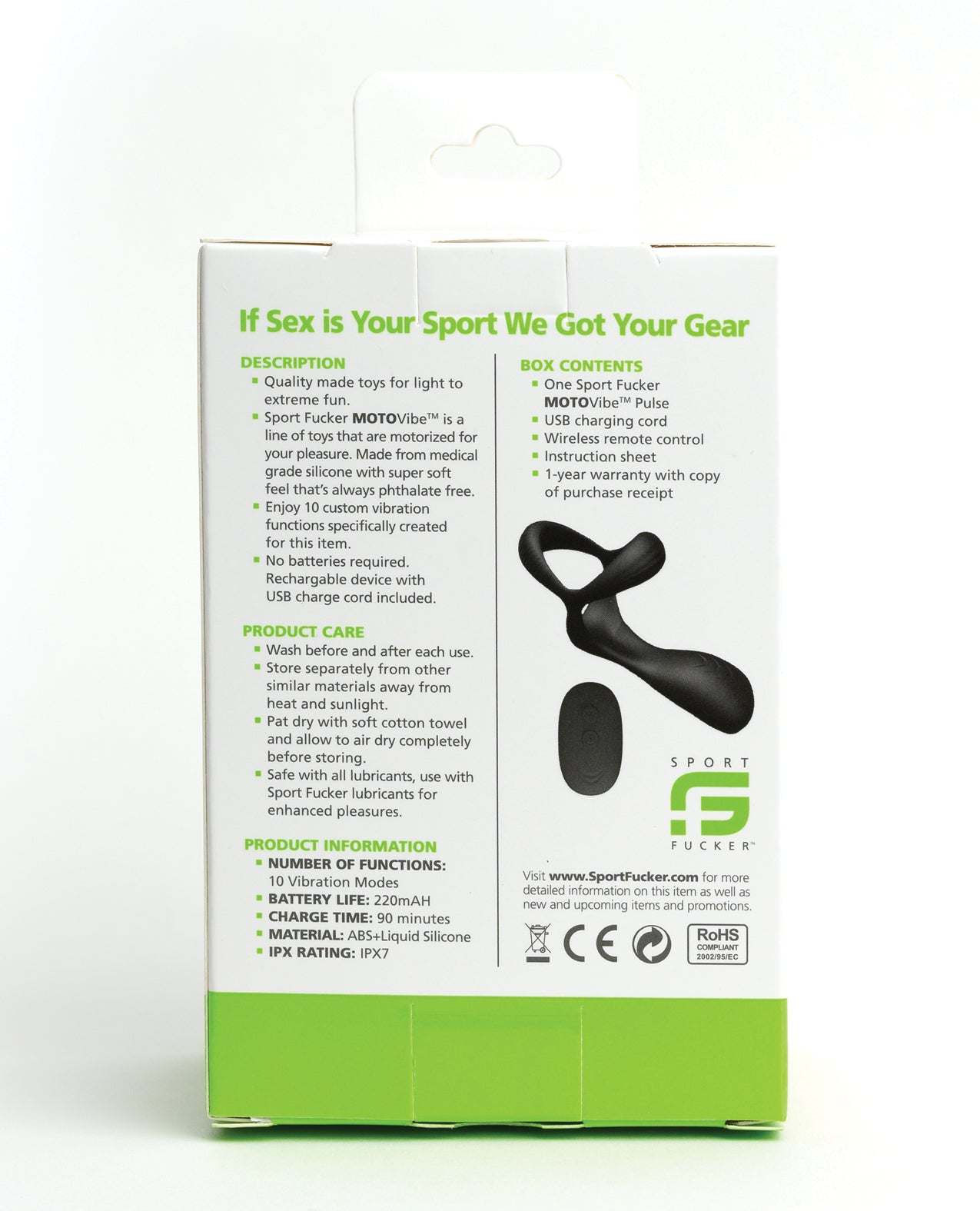 Sport Fucker Motovibe Pulse black liquid silicone cockring with ball tugger, taint tickler, and wireless remote control