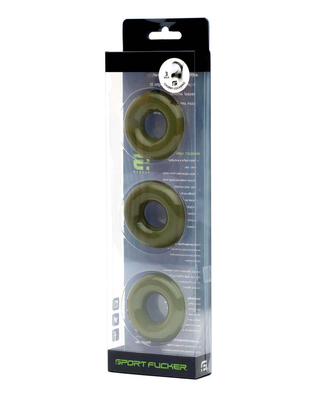 Sport Fucker chubby cockring pack of 3 in army green, stretchable and comfortable Monster TPR donuts.