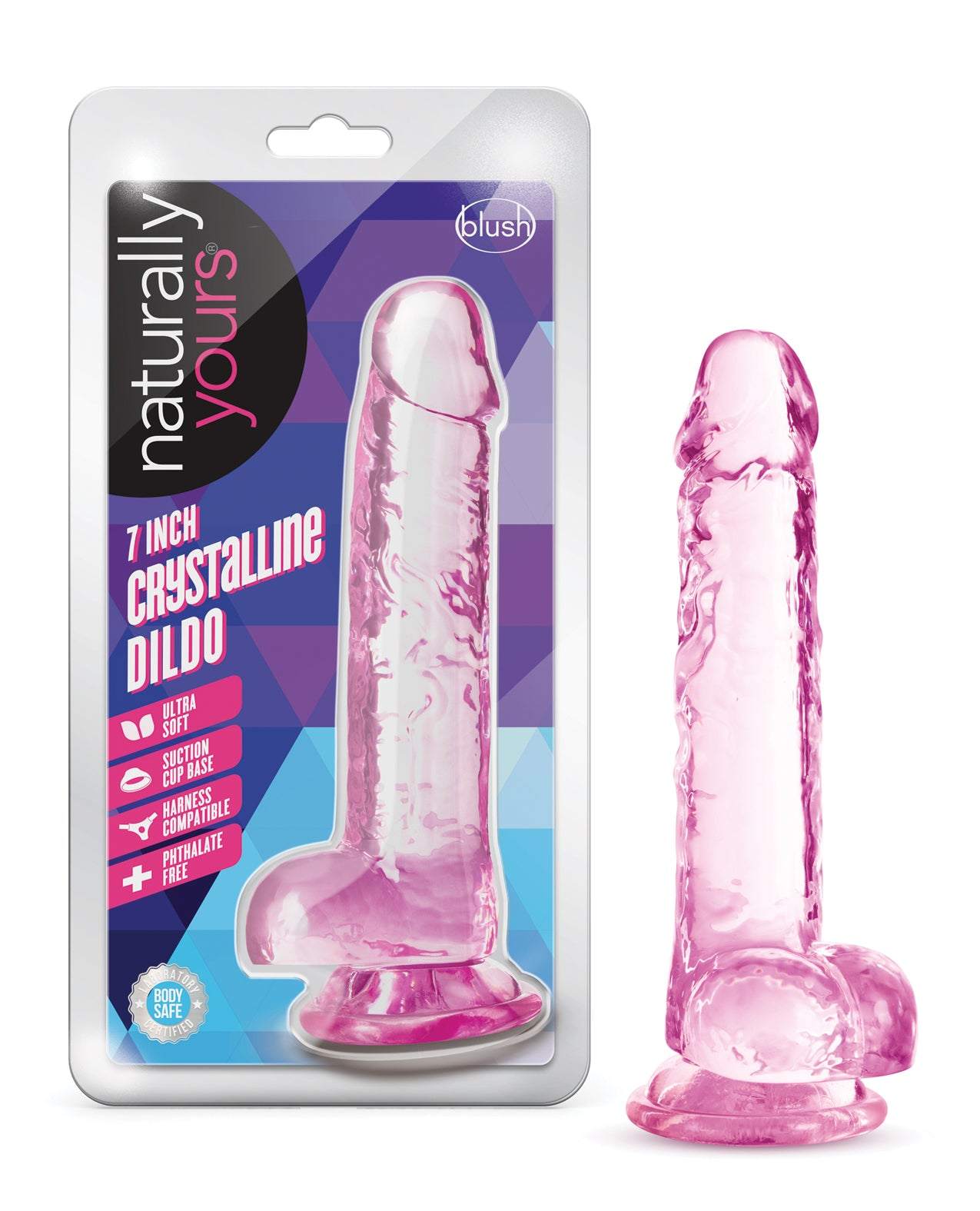 Blush Naturally Yours 7-inch rose crystalline dildo with suction cup base and realistic design