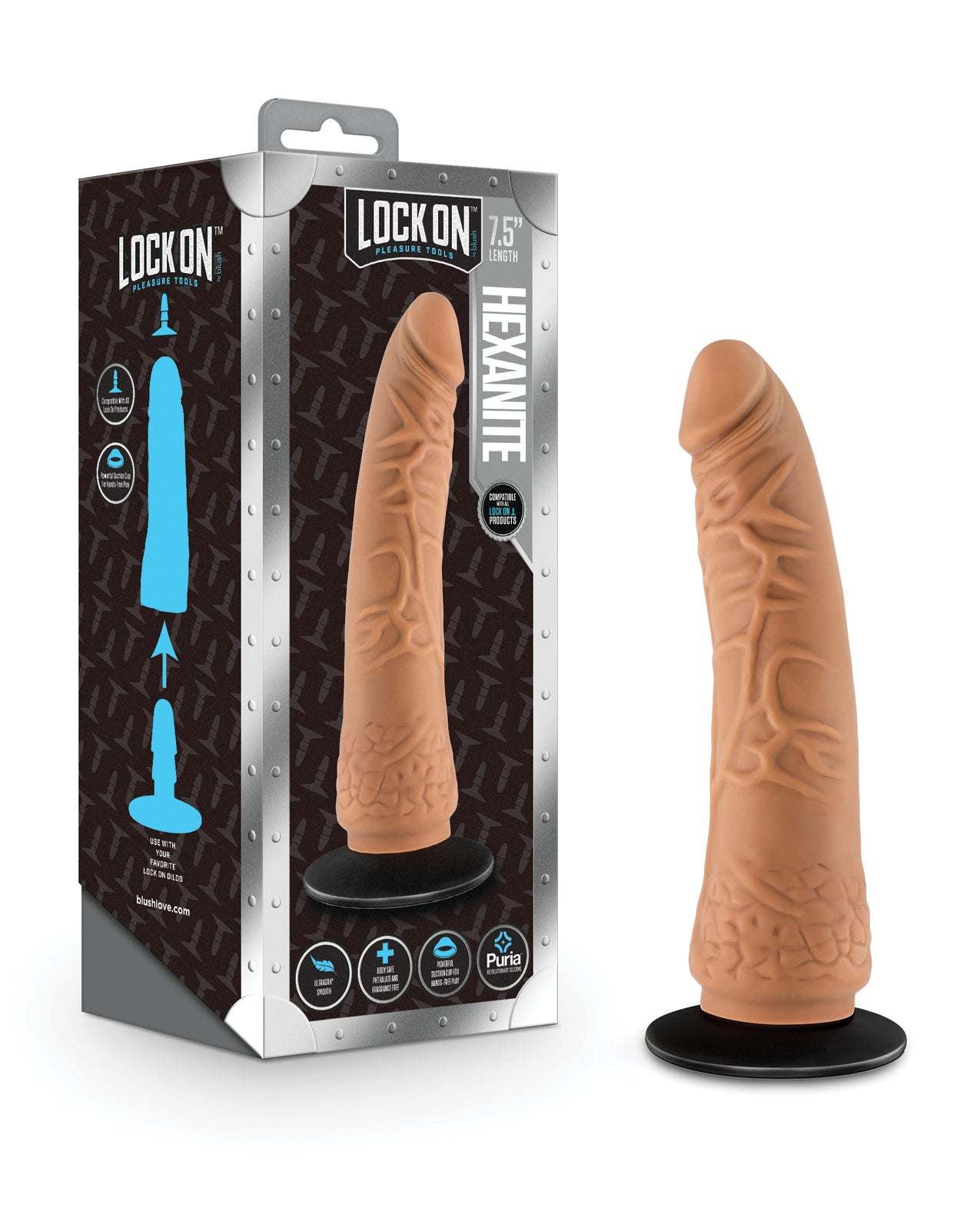 Blush Lock On 7.5 inch Hexanite realistic dildo in mocha with suction cup adapter and lifelike texture