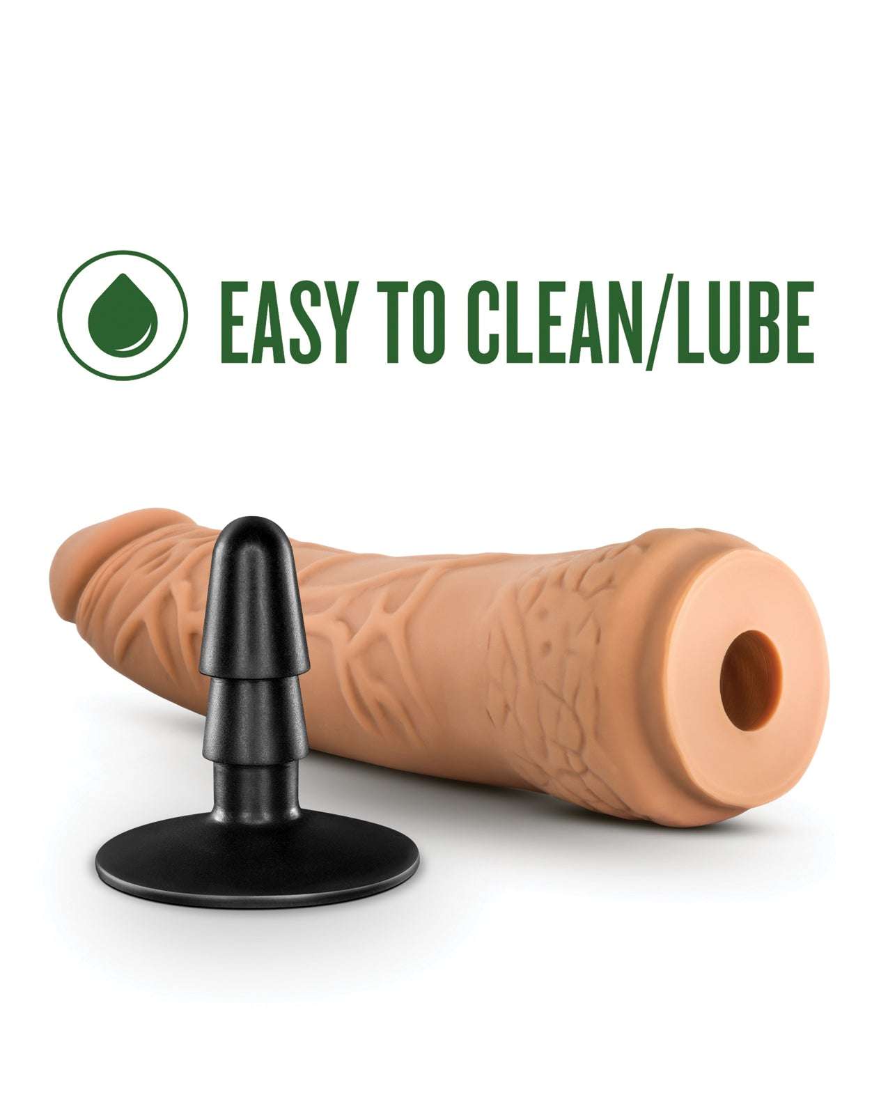 Blush Lock On 7.5" Hexanite dildo in mocha with suction cup adapter easy to clean and compatible with lubricants