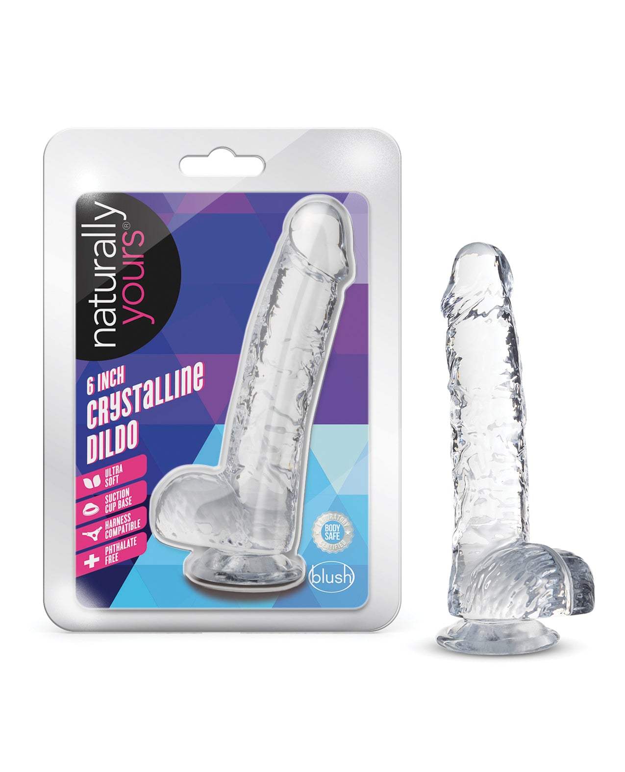 Blush Naturally Yours 6-inch clear crystalline dildo with suction cup base and lifelike design in packaging and out of package.