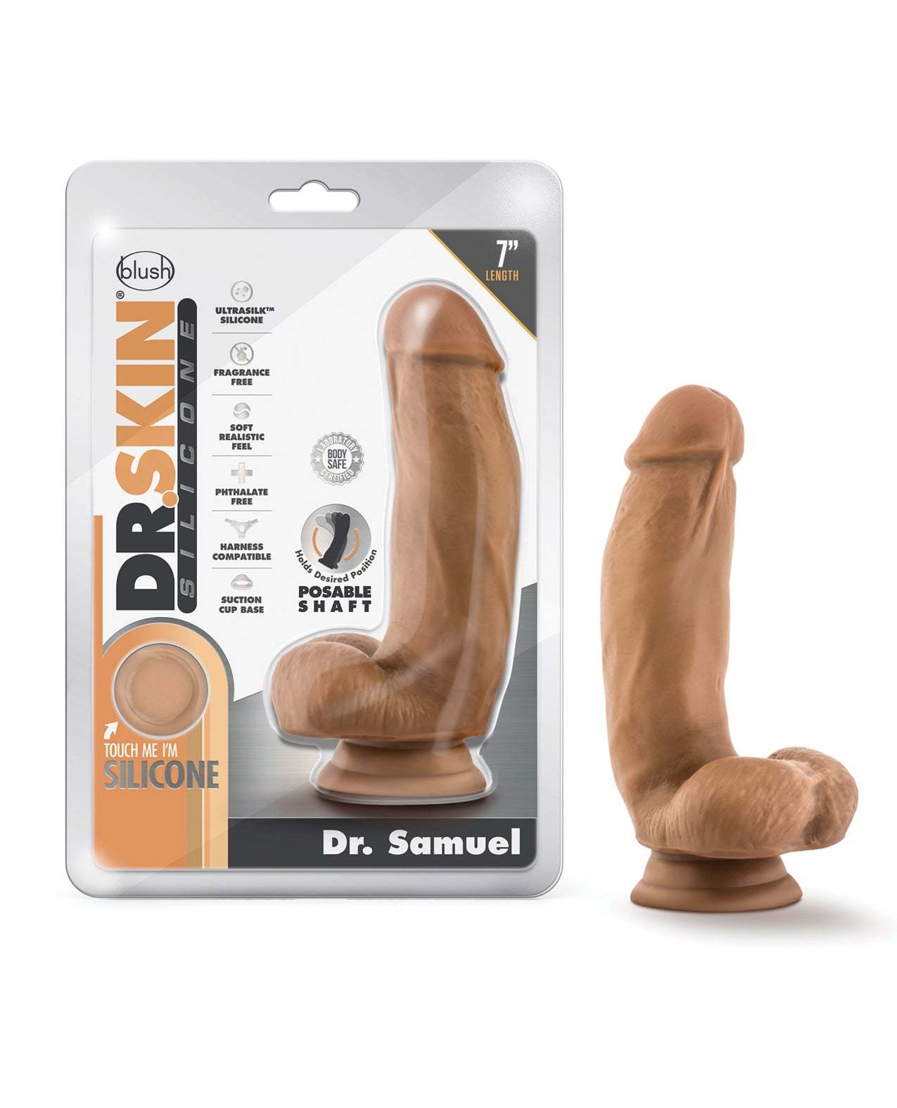 Blush Dr. Skin Silicone Dr. Samuel 7-inch realistic mocha dildo with suction cup and posable shaft.