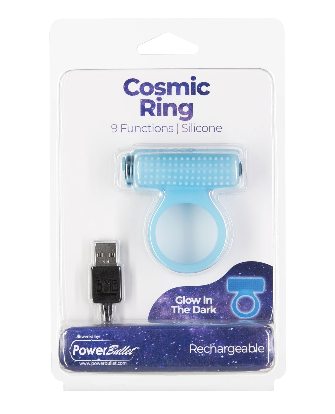 Cosmic Cock Ring w/Rechargeable Bullet - 9 Functions Glow in the Dark by Cock & Balls