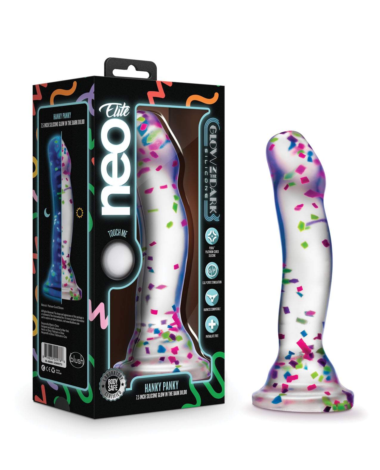 Blush Neo Elite Hanky Panky 7-inch glow-in-the-dark clear silicone dildo with colorful confetti and ergonomic head for G-spot and P-spot stimulation.