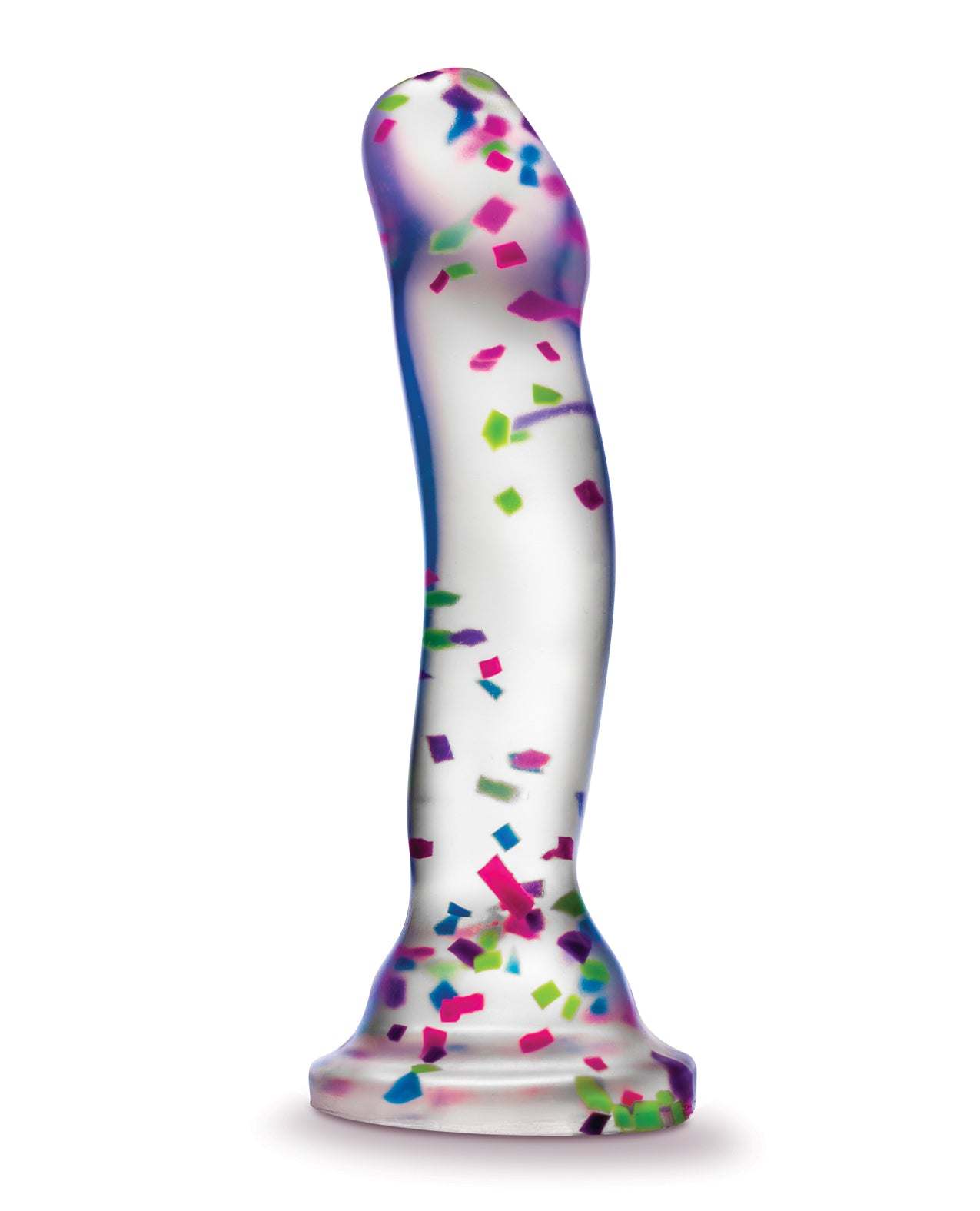 Blush Neo Elite 7-inch clear dildo with colorful confetti and glow-in-the-dark feature, made of body-safe silicone