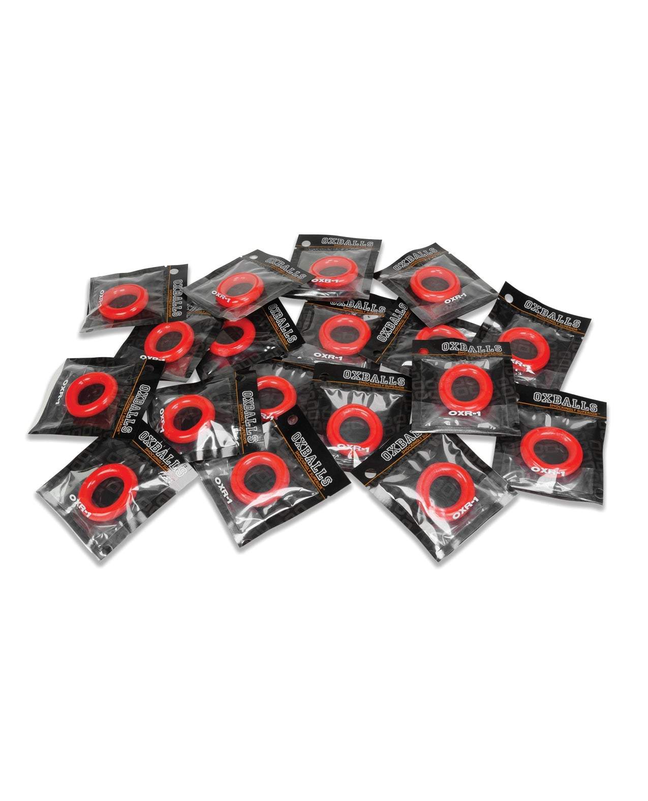 Multiple red Oxballs OXR-1 cockrings in black packaging displayed on a white background