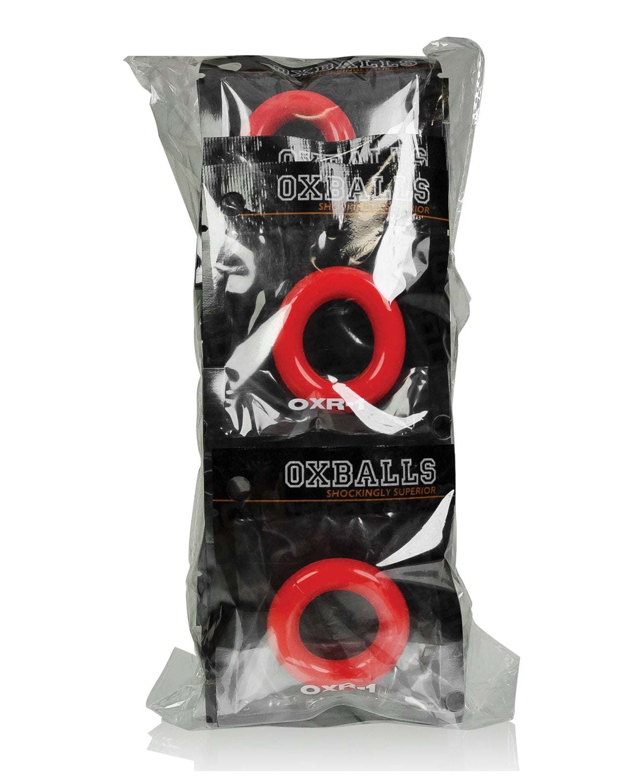 Oxballs OXR-1 red jelly cockring made from stretchy FLEXtpr material in retail packaging