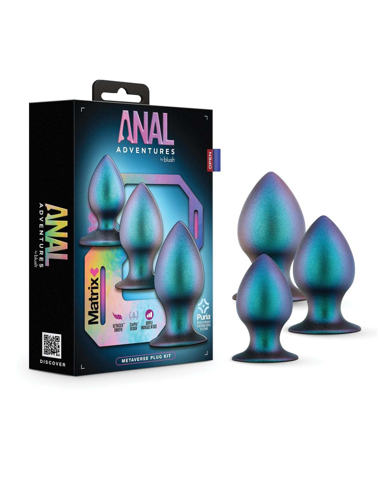 Blush Anal Adventures Matrix Metaverse Plug Kit in Spruce with three graduated silicone plugs and StayPut technology for comfortable anal training.