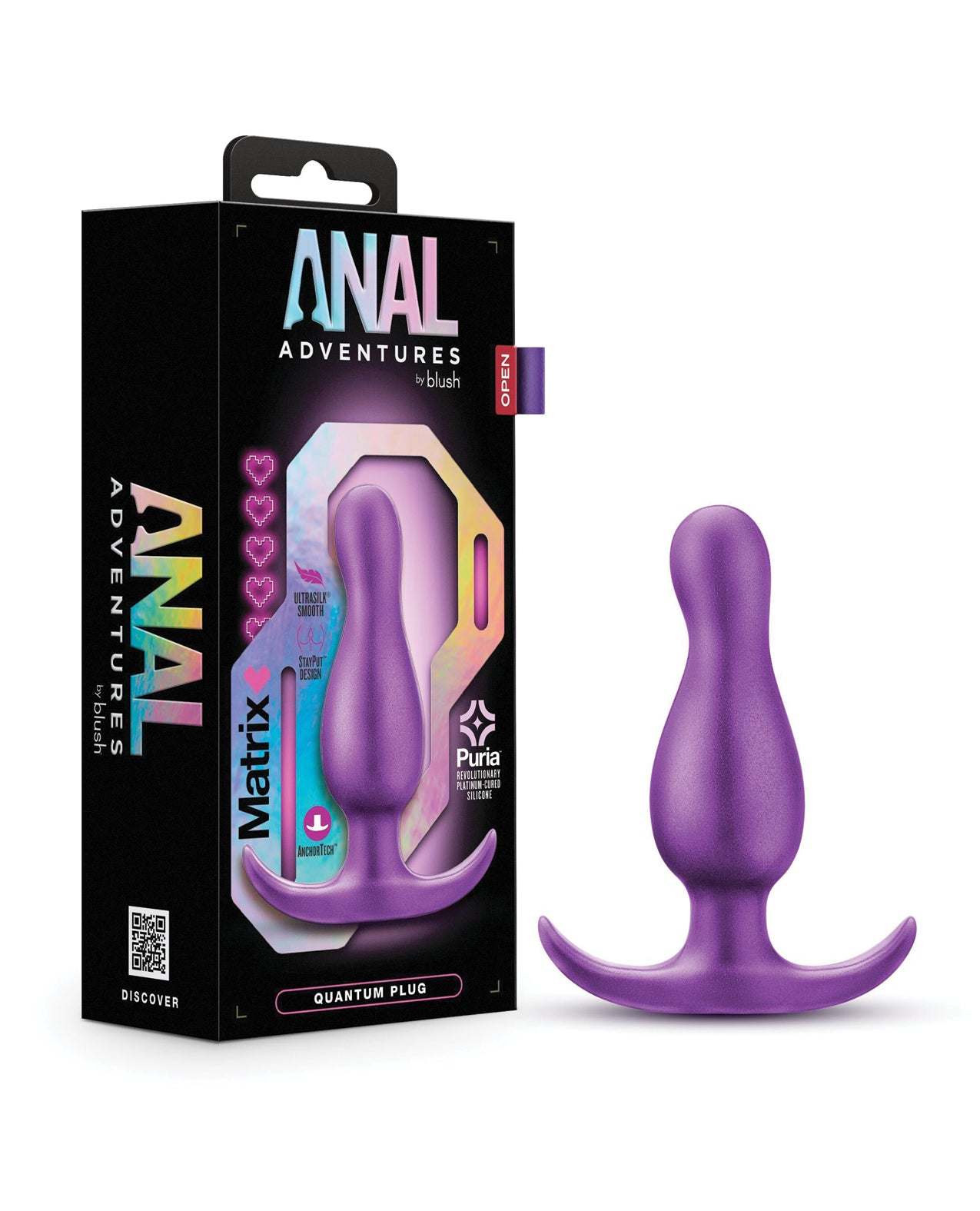 Blush Anal Adventures Matrix Quantum purple silicone anal plug with curved tip and flared base for secure, comfortable wear