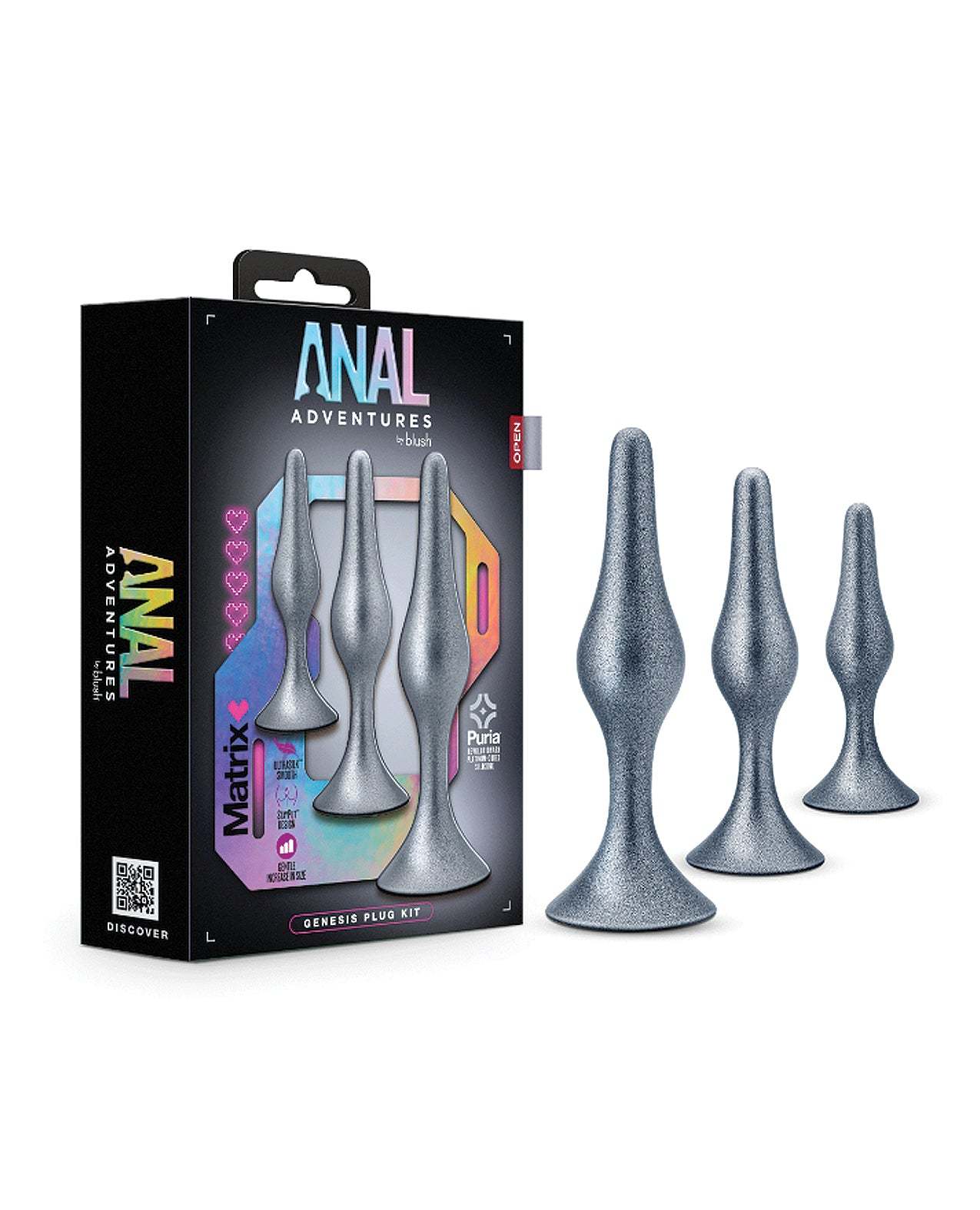 Blush Anal Adventures Matrix Genesis silver anal plug kit with three graduated sizes and suction bases for secure fit