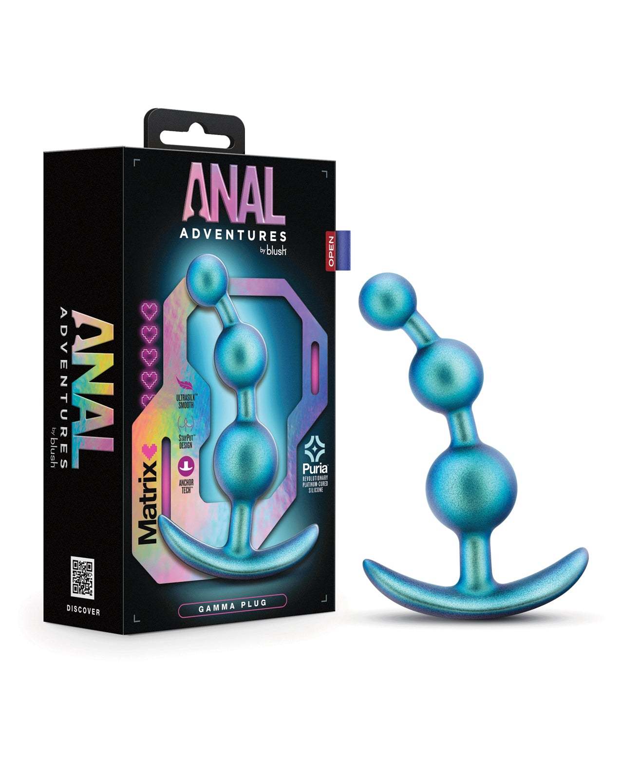 Blush Anal Adventures Matrix Gamma Plug in teal with three graduated beads and curved base for comfortable anal stimulation