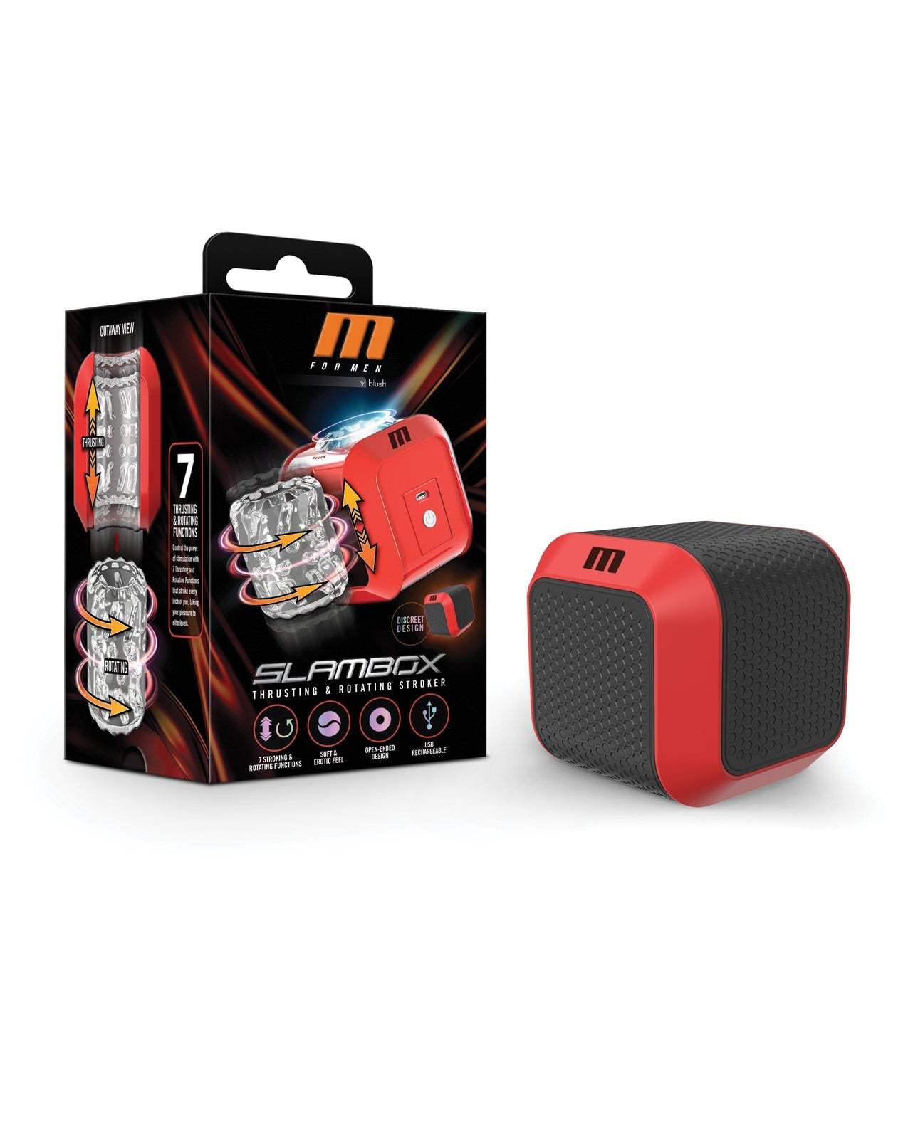 Blush M for Men SlamBox automatic red male stroker with 7 rotational modes and USB charging