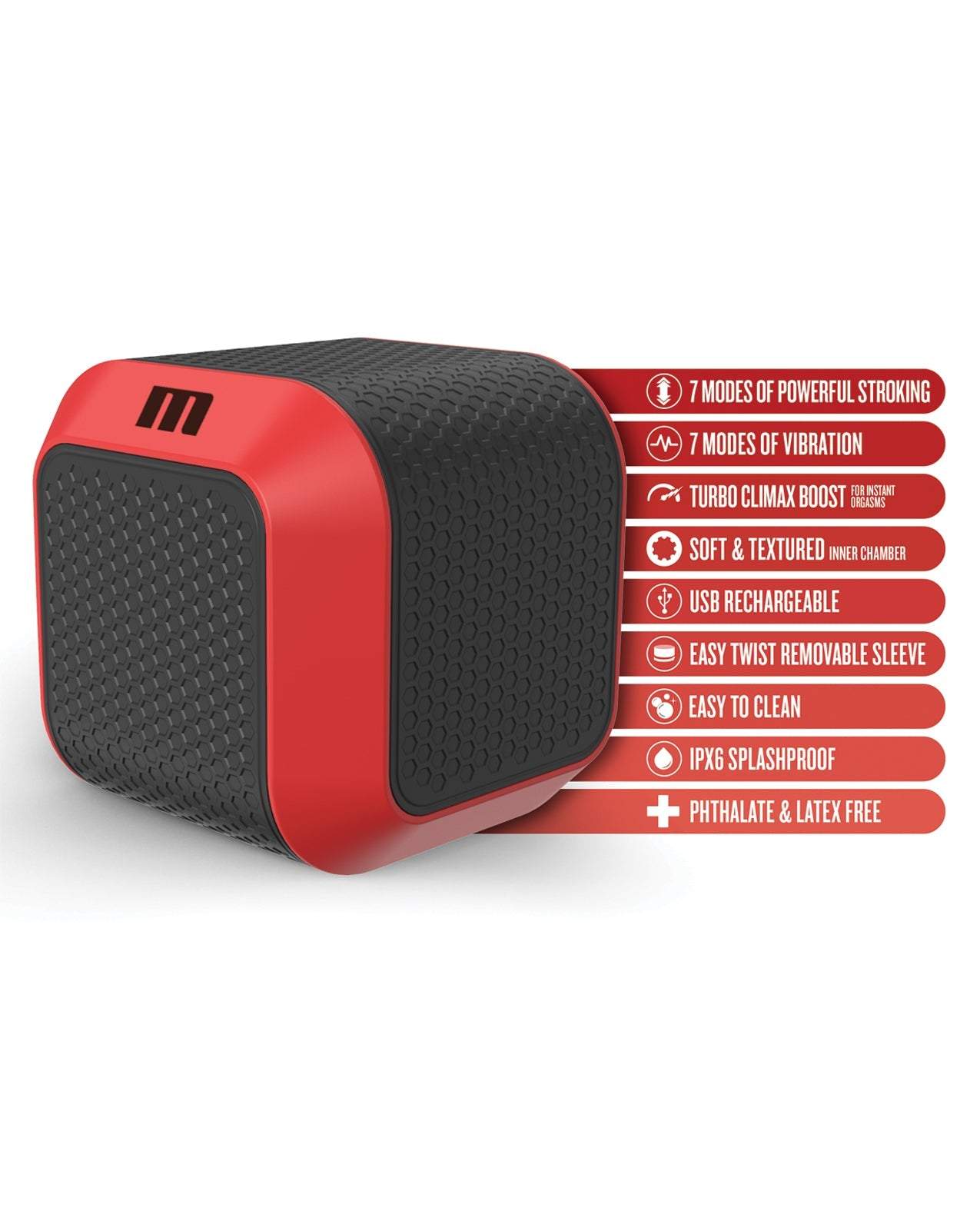 Blush M for Men SlamBox red automatic male stroker with 7 stroking and vibration modes, USB rechargeable, textured inner chamber, splashproof and easy to clean.