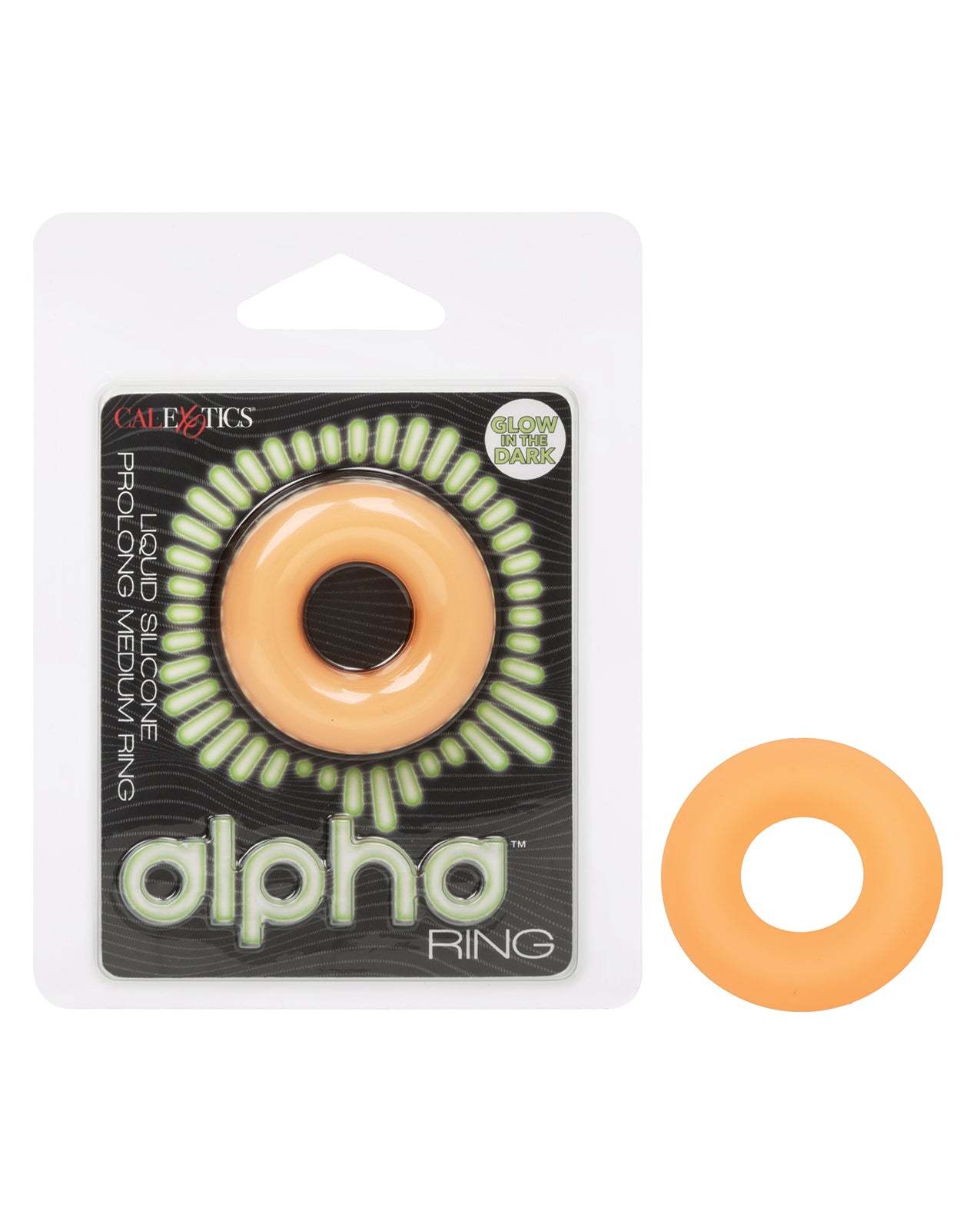 Alpha Liquid Silicone Glow in the Dark Prolong Medium Cock Ring in peach color with packaging showing glow effect.
