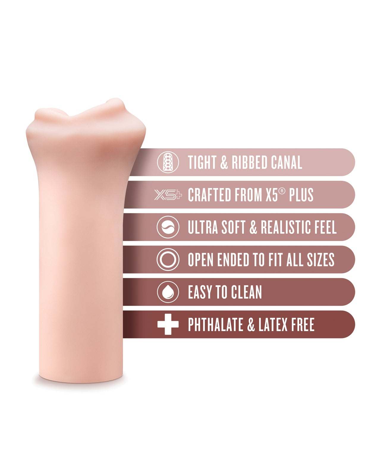 Blush EnLust Mouth Stroker Candi male toy with tight ribbed canal, ultra-soft X5 Plus material, open-ended design, easy to clean, phthalate and latex free