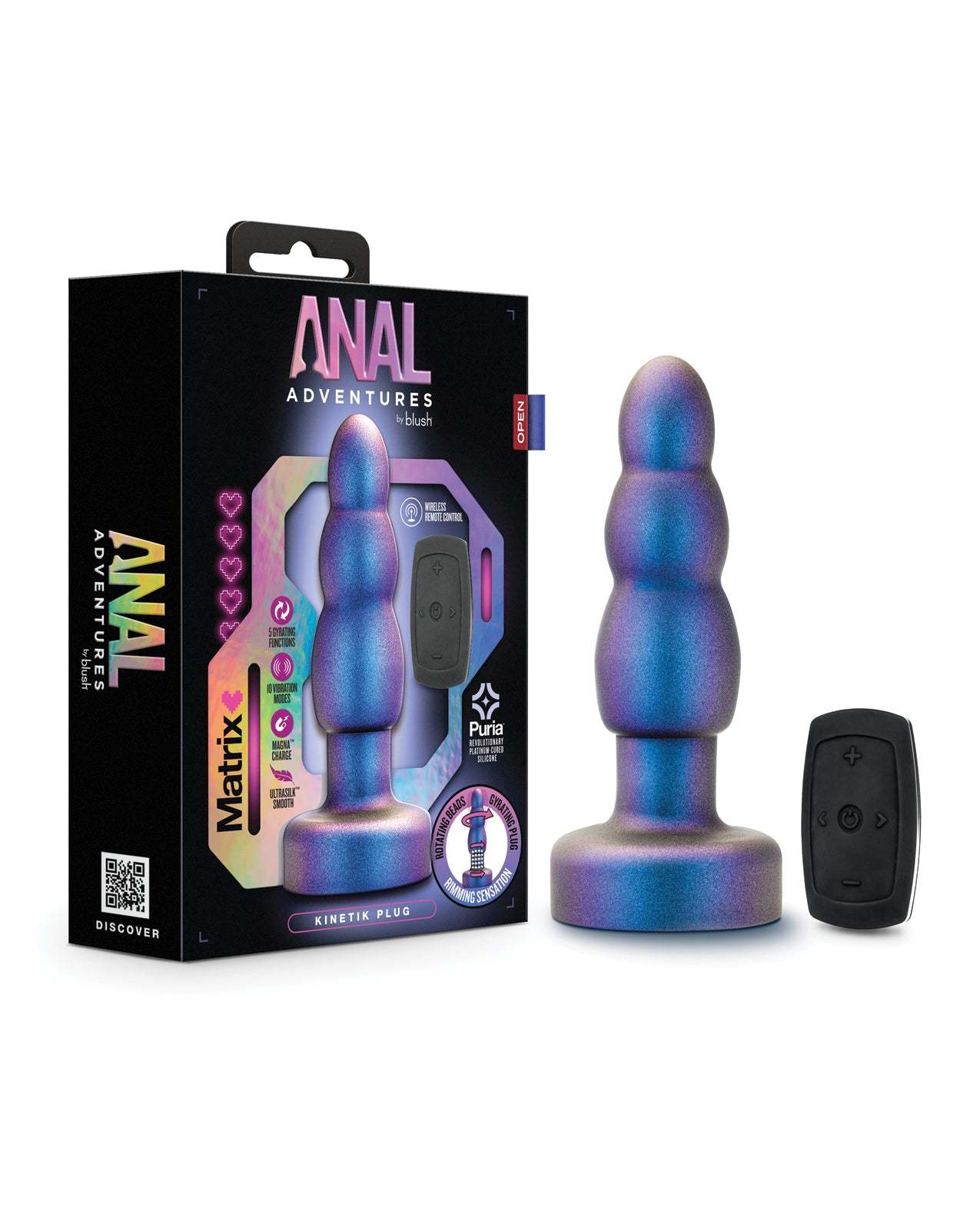 Blush Anal Adventures Matrix Kinetik remote-controlled iridescent blue anal plug with rotating beads and waterproof design.