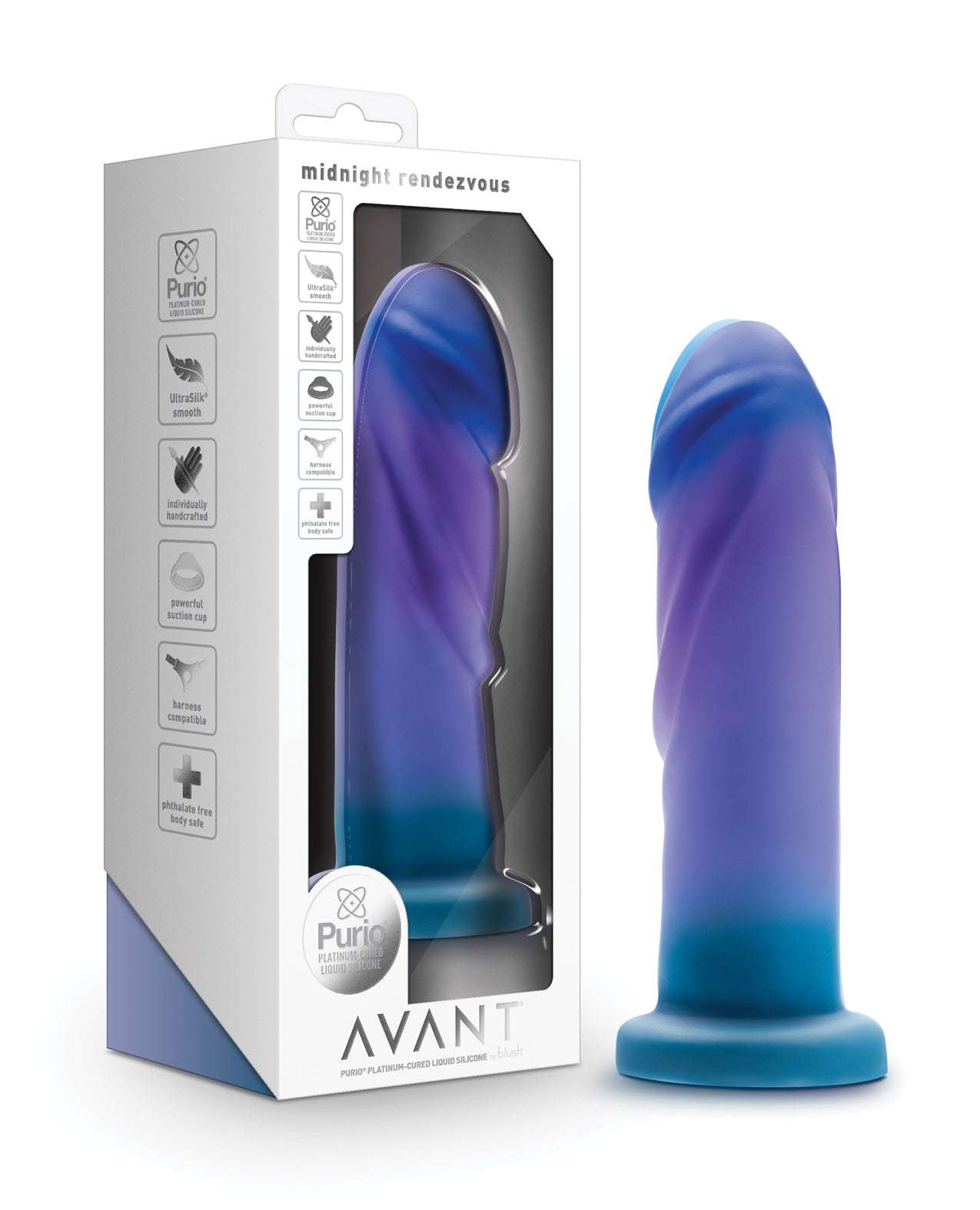 Blush Avant Midnight Rendezvous silicone dildo in ocean blue with textured ridges and suction cup base