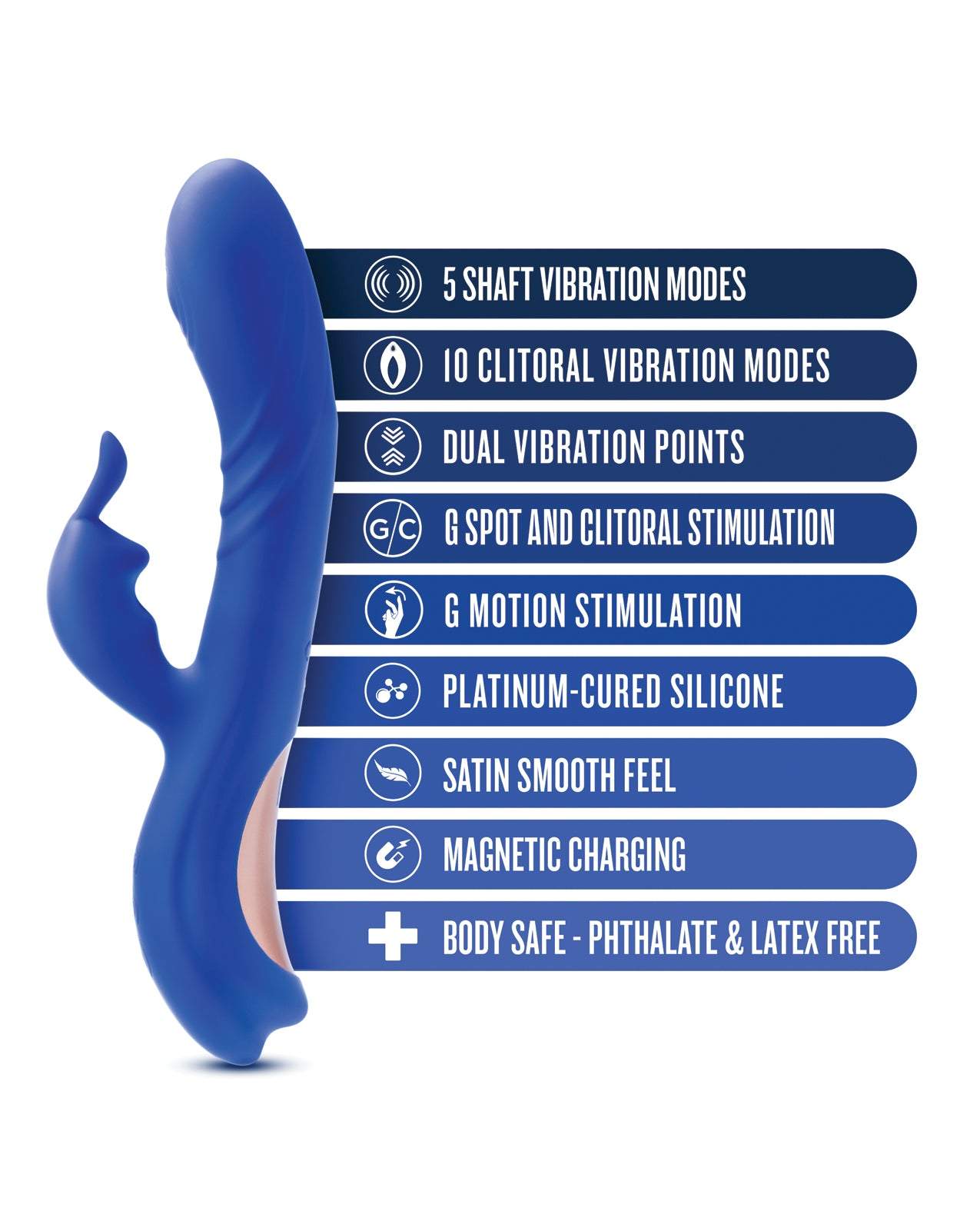 Blush Harper Rabbit Vibrator in midnight blue with dual stimulation, 5 shaft and 10 clitoral vibration modes, flexible silicone design, and magnetic USB charging.