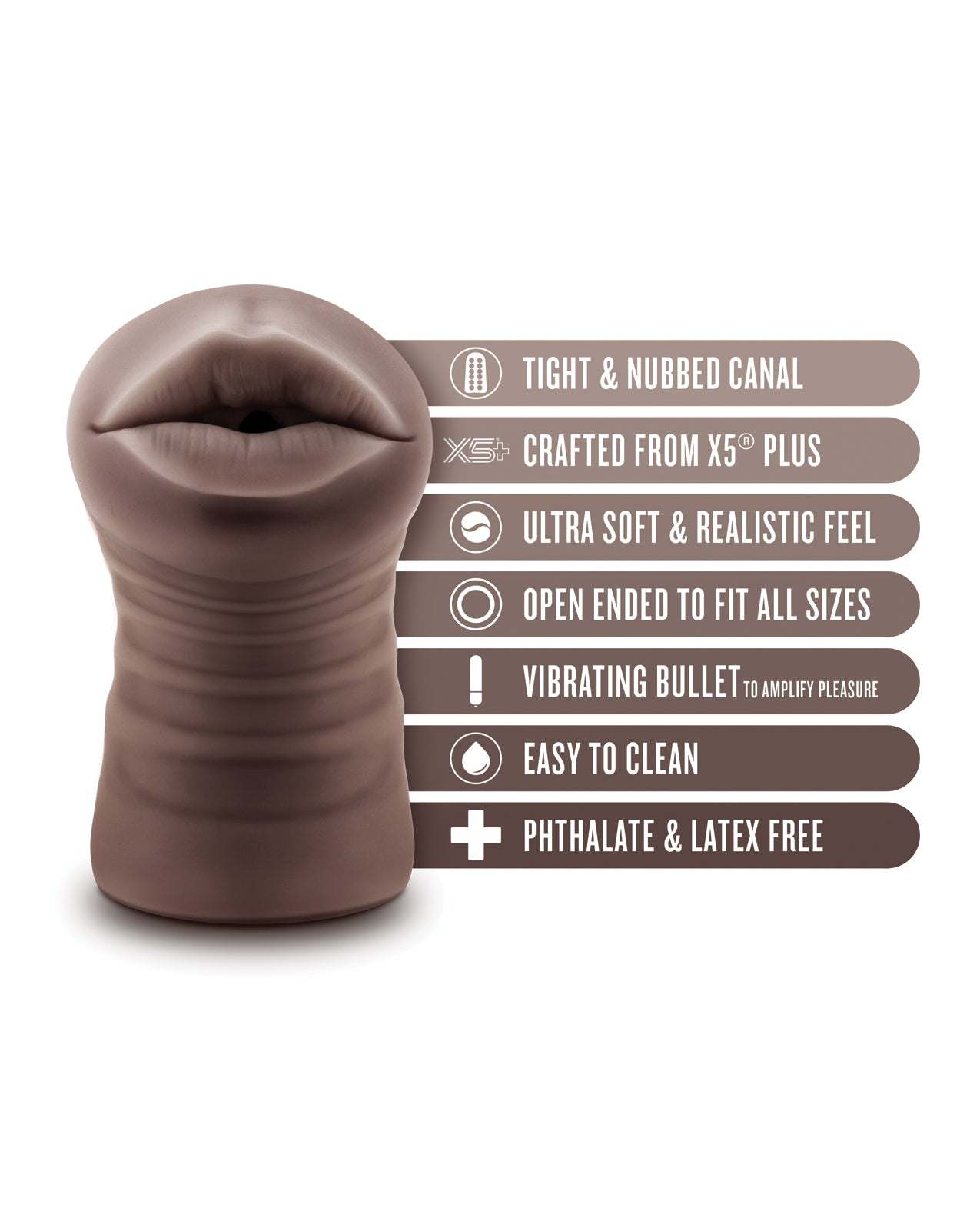 Blush EnLust Mouth Stroker Krystal with tight nubbed canal, ultra-soft X5 Plus material, vibrating bullet, open-ended design, easy to clean and phthalate-free