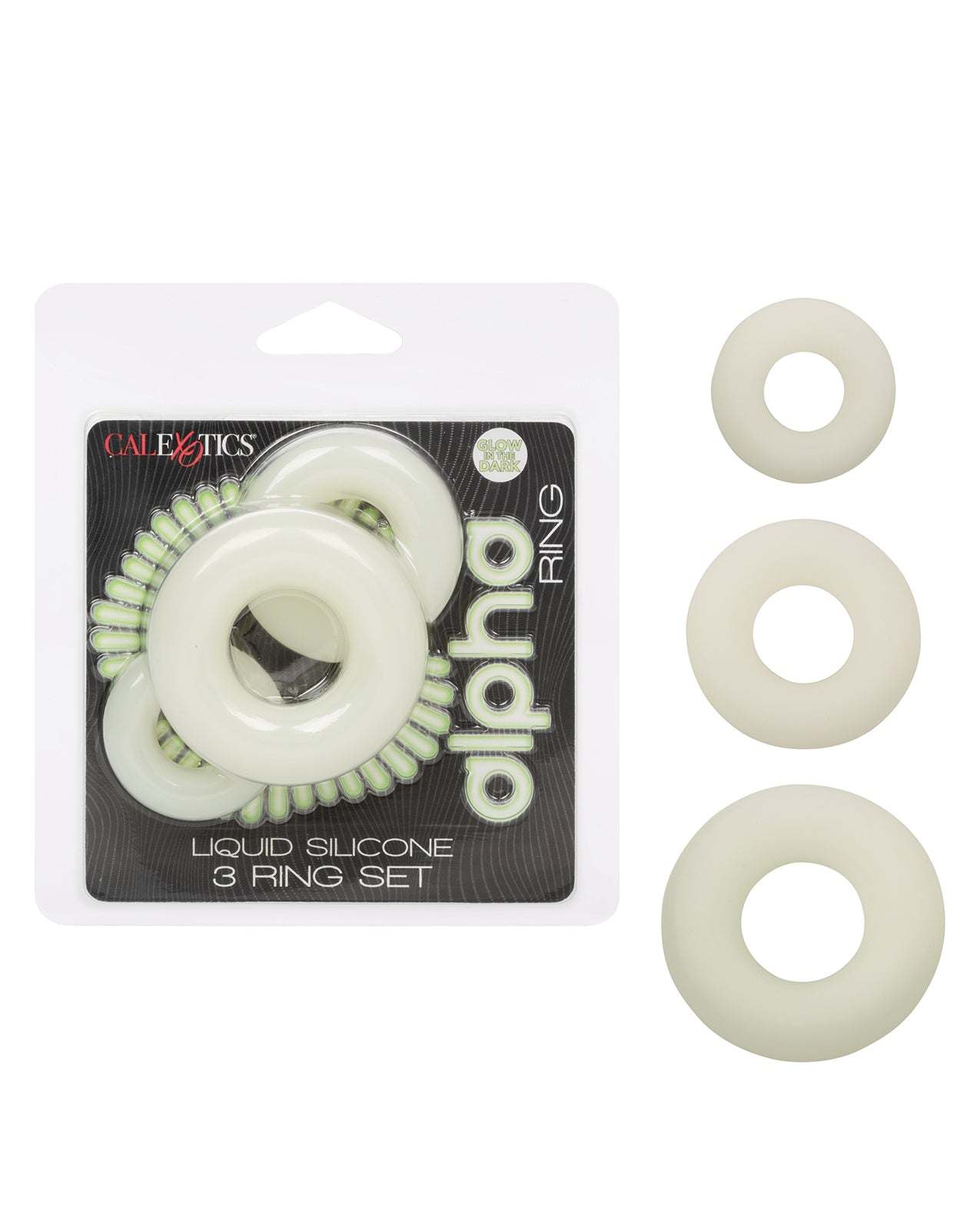 Alpha Liquid Silicone glow in the dark cock rings set of 3 in various sizes, smooth and stretchy material