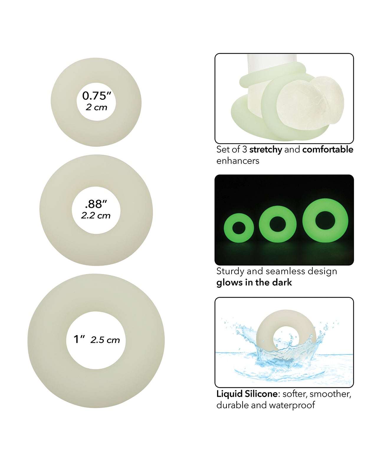 Alpha Liquid Silicone glow in the dark stretchy cock ring set of 3, soft, durable, waterproof enhancers