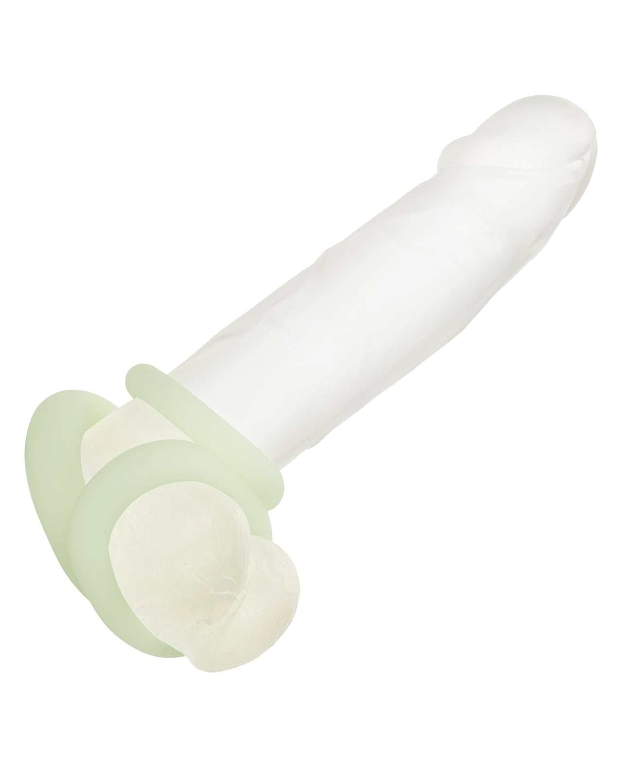 Alpha Liquid Silicone glow-in-the-dark cock rings set of 3 displayed on a white dildo model.