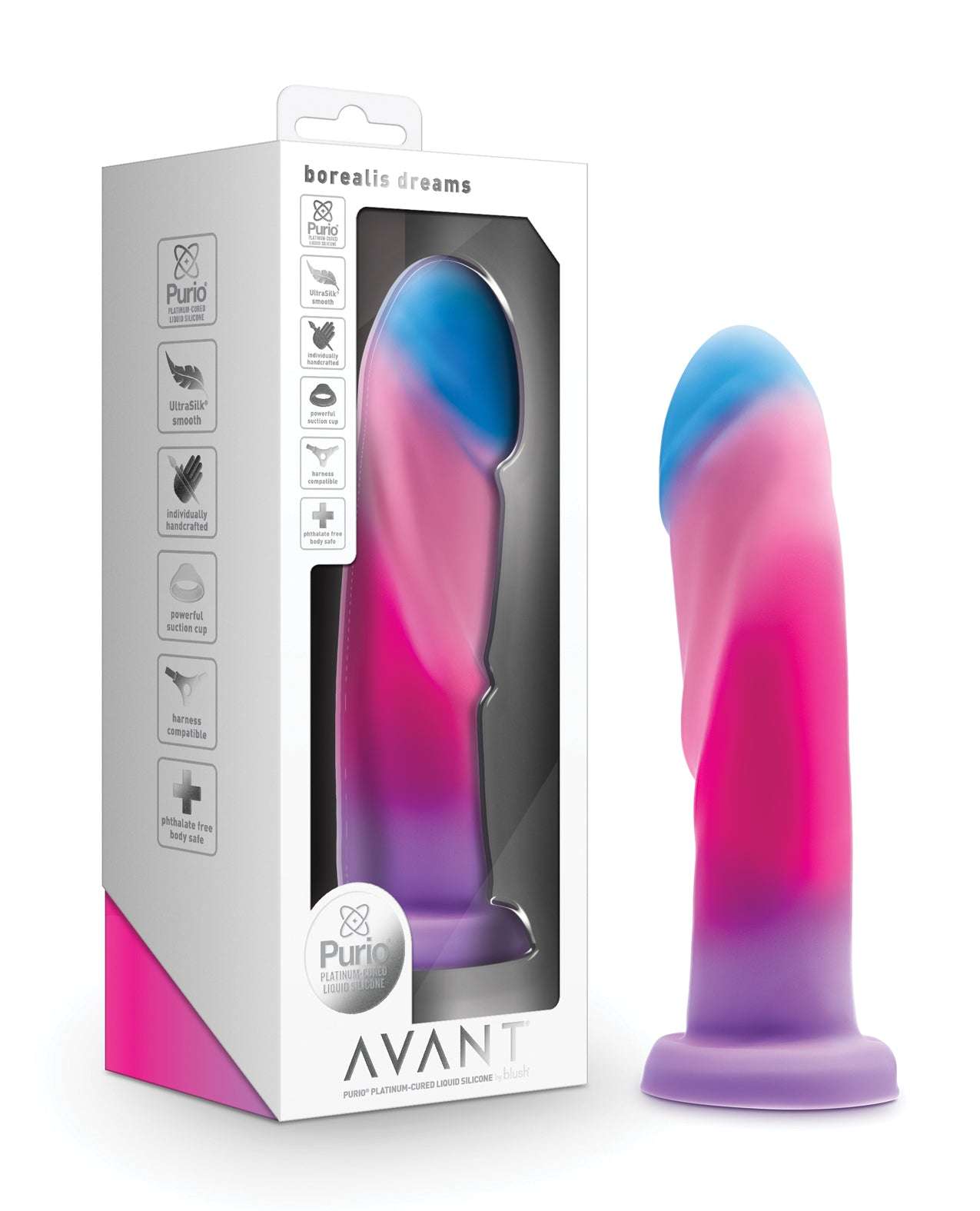 Blush Avant Borealis Dreams silicone dildo in vibrant cotton candy pink and blue with textured ridges and suction cup base