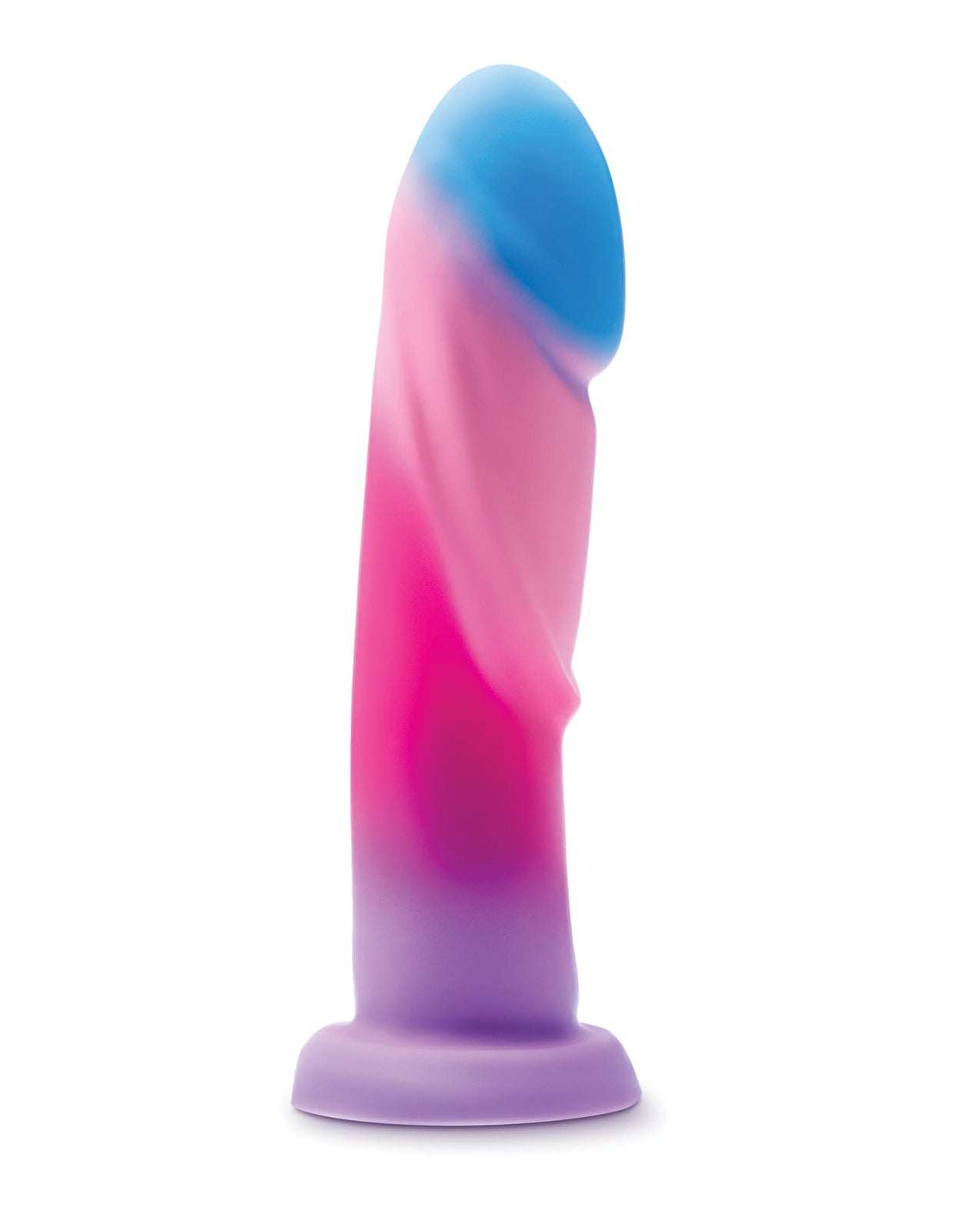 Blush Avant Borealis Dreams silicone dildo in cotton candy colors with suction cup base and textured ridges for G-spot and P-spot stimulation.