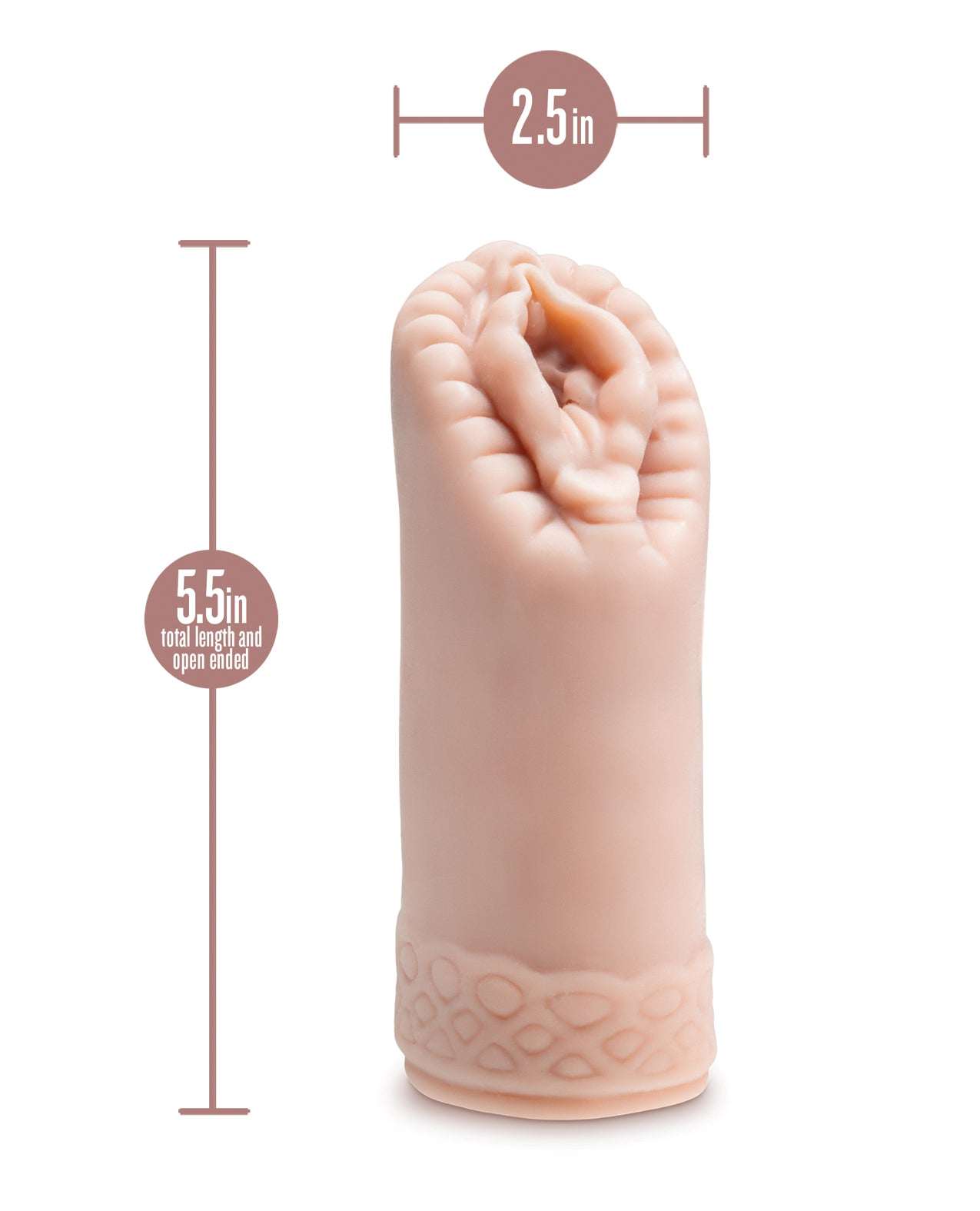 Blush EnLust Pussy Stroker Alyssa male stroker with soft X5 Plus material, ribbed interior, 5.5-inch length, and 2.5-inch width, open-ended design