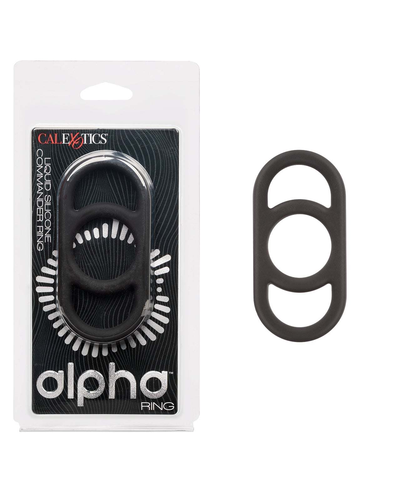 Alpha Liquid Silicone Commander Cock Ring in black, stretchable and durable enhancer for intimate pleasure and endurance.