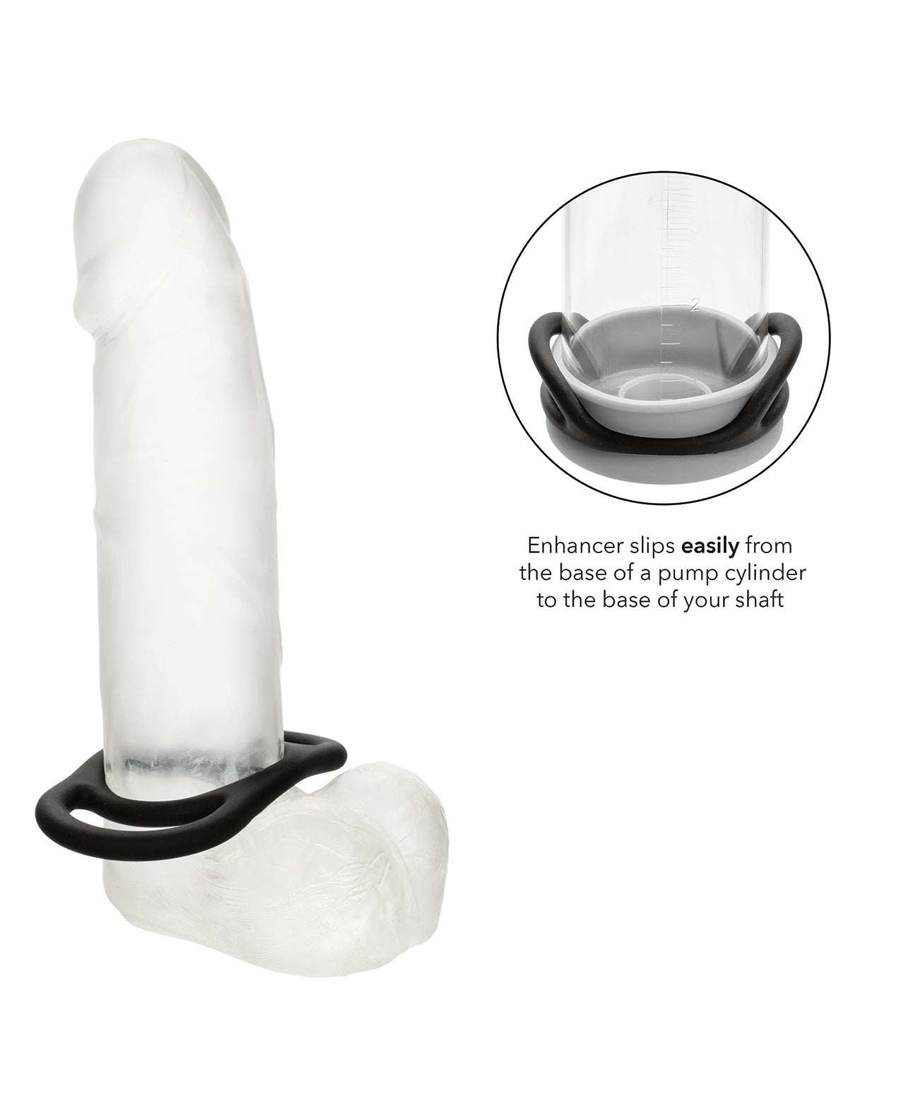 Alpha Liquid Silicone Commander Cock Ring in black on clear model, stretchy and durable enhancer for intimacy and endurance