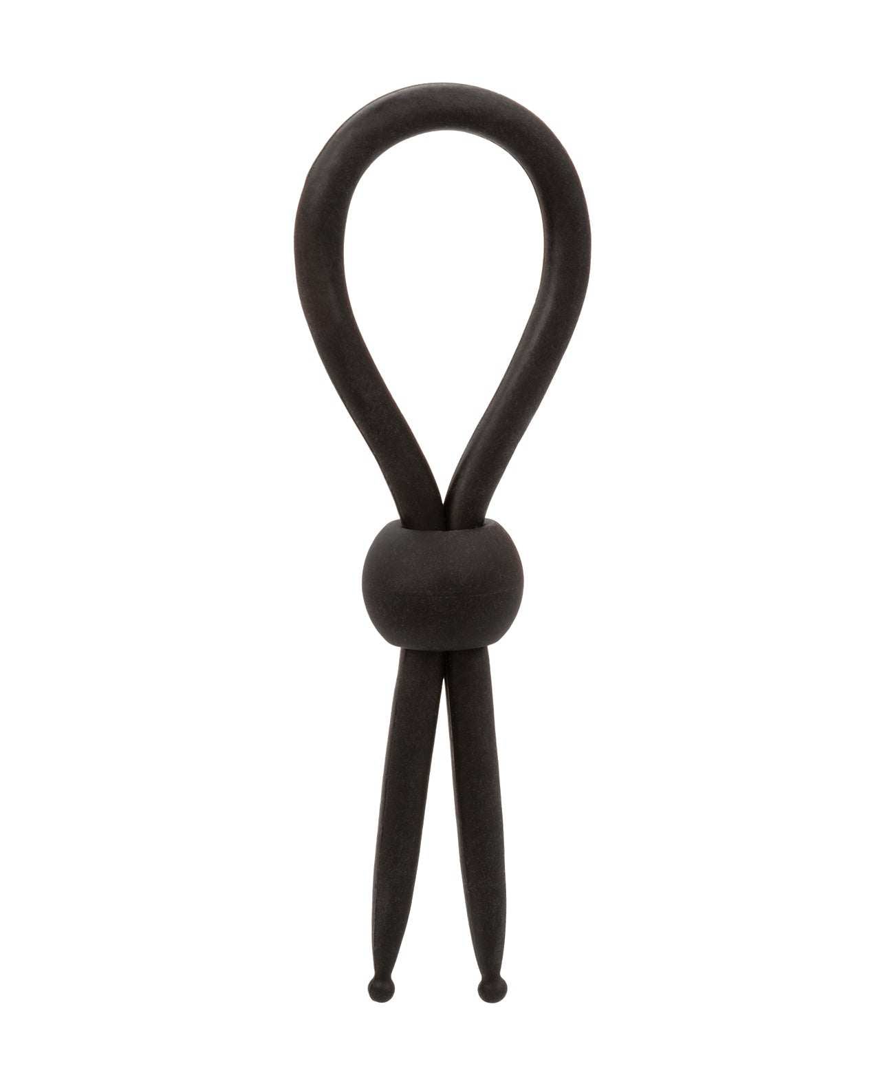 Alpha Liquid Silicone Lasso cock ring in black with adjustable cinch design for personalized fit and comfort