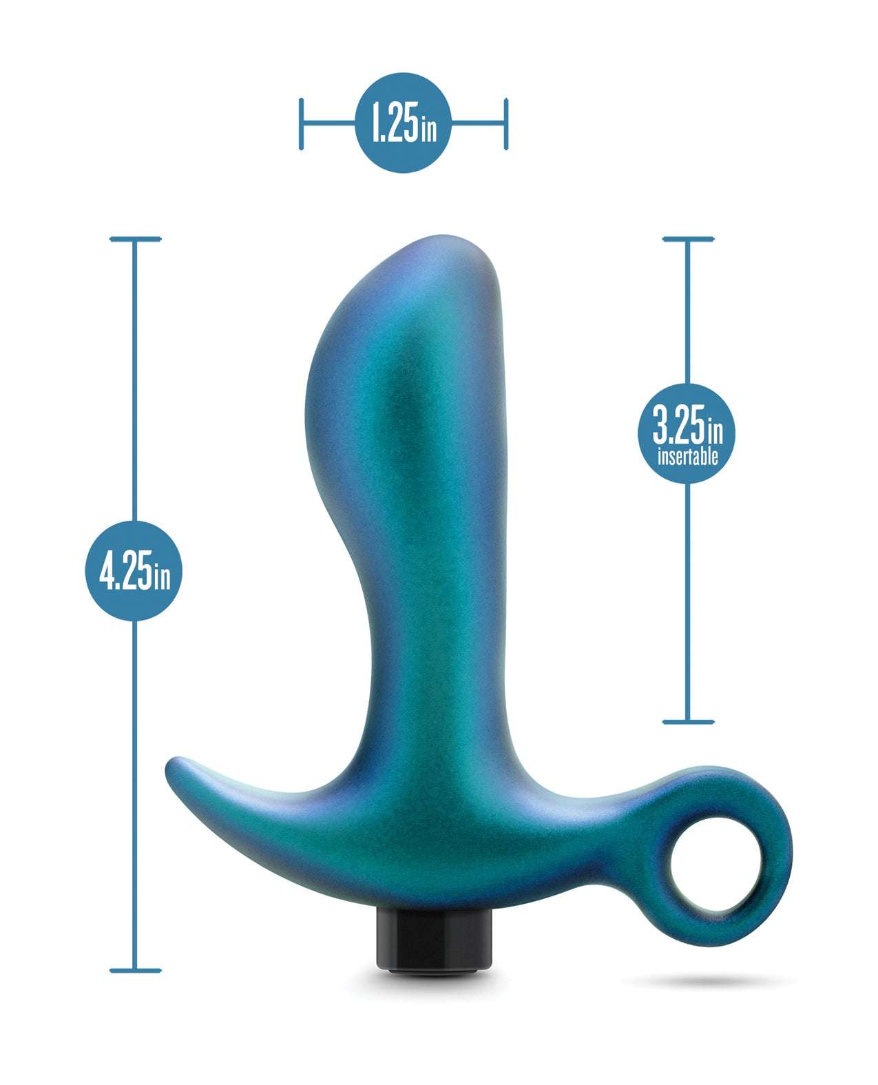 Lunar blue Blush Anal Adventures Matrix Teleportation Plug with ergonomic design and 10 vibration settings, measuring 4.25 inches length and 1.25 inches width