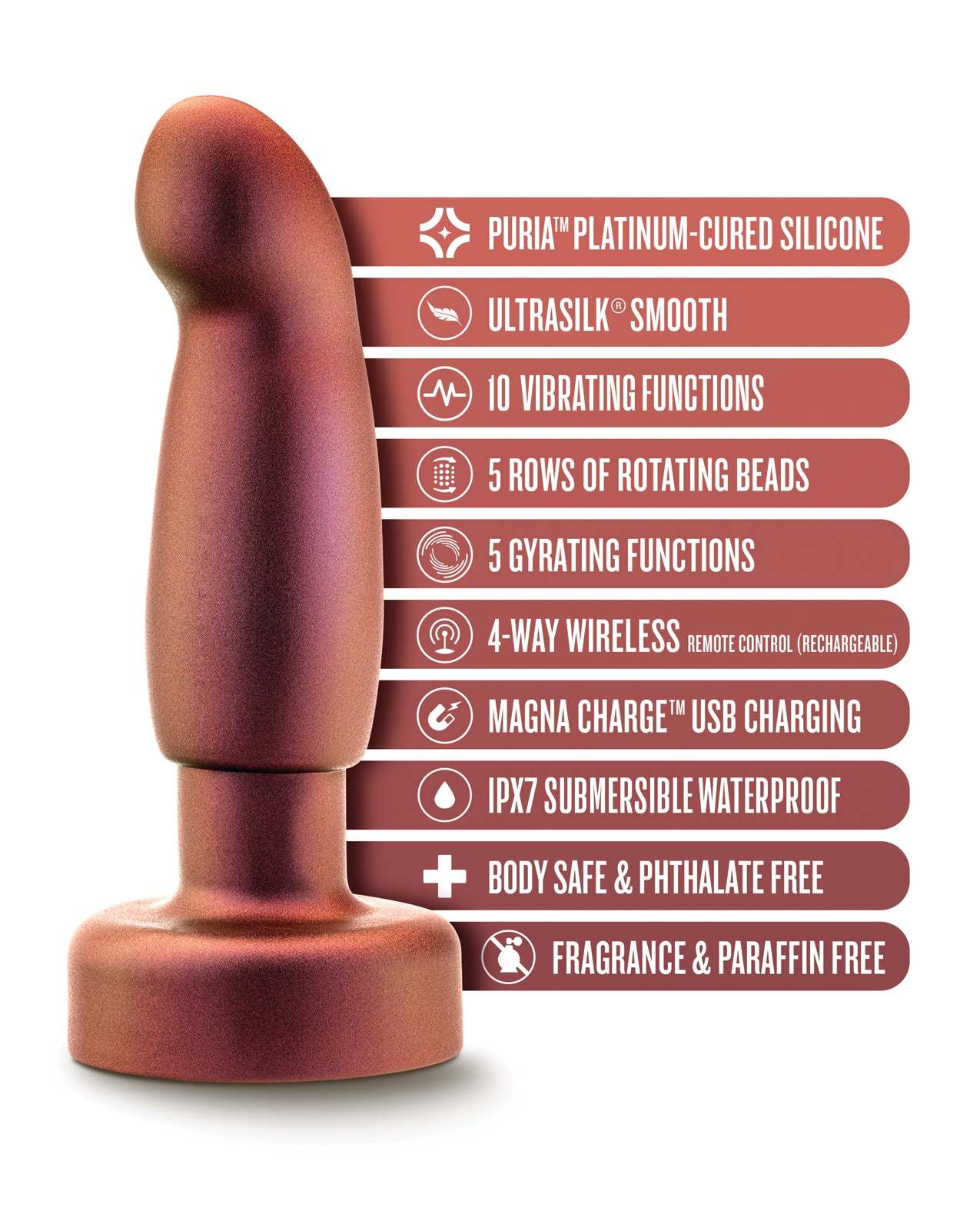 Blush Anal Adventures Matrix Bionic Plug in Cosmic Copper with 10 vibration modes, 5 rotating bead rows, wireless remote, waterproof, and platinum-cured silicone features.