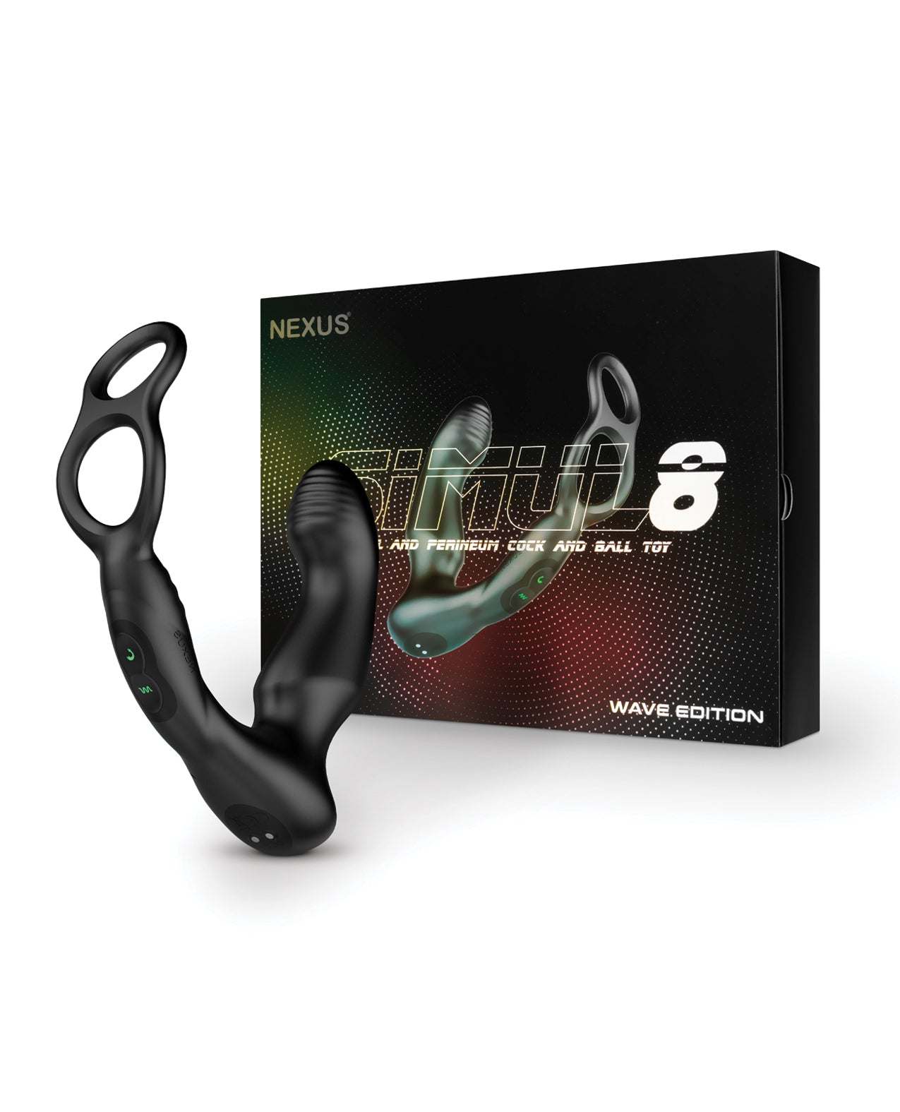 Nexus Simul8 Wave dual cock ring and prostate massager with 5-speed waving and 6-speed vibrating motors in black