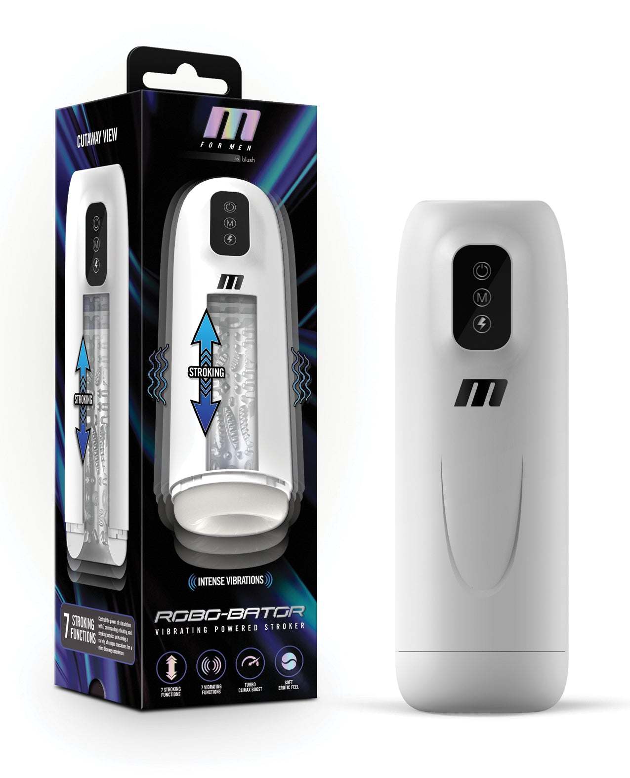 Blush M for Men Robo Bator vibrating stroker in white with 7 vibration and stroking modes and USB charging