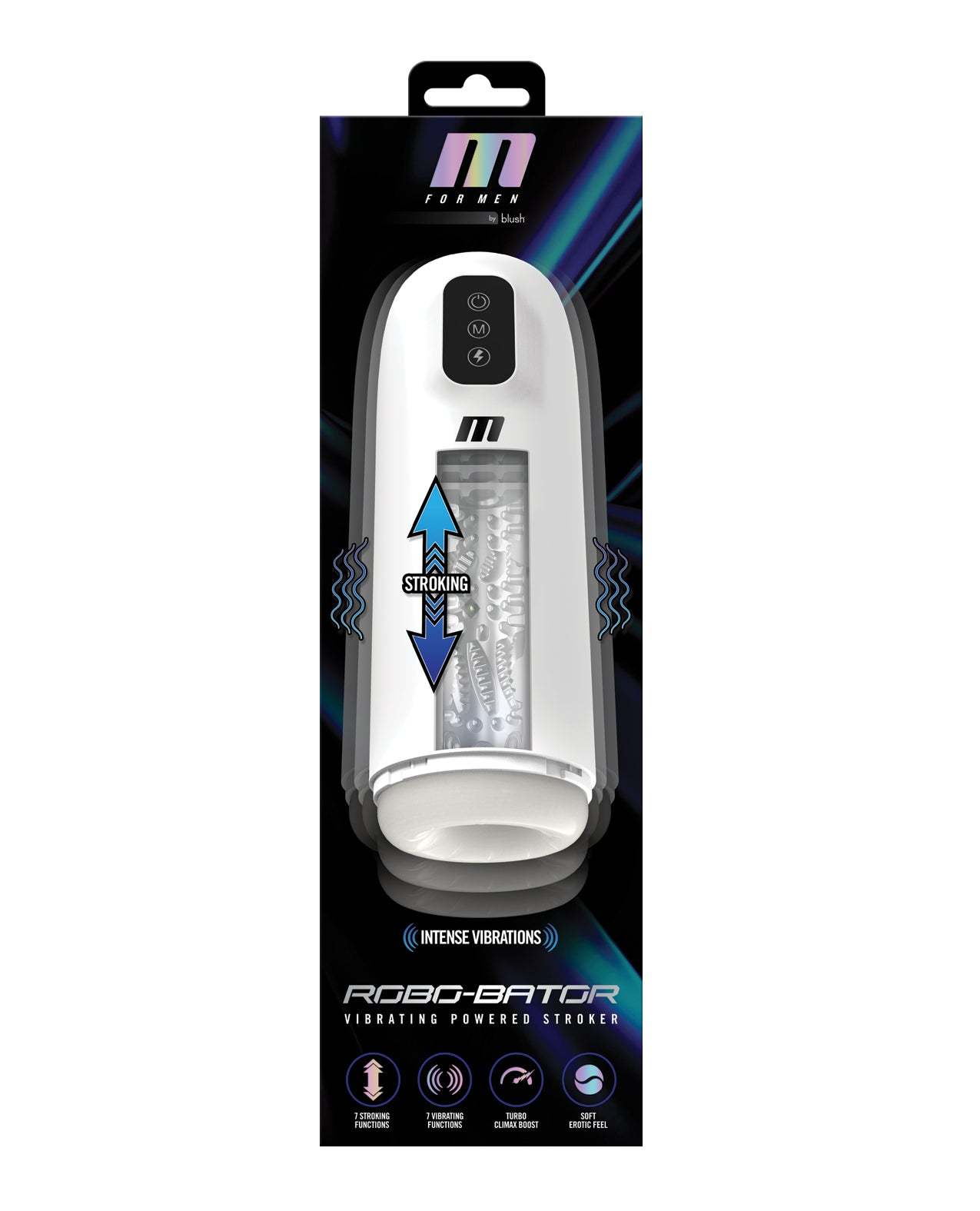 Blush M for Men Robo Bator white vibrating powered male stroker with stroking and vibration modes in retail packaging