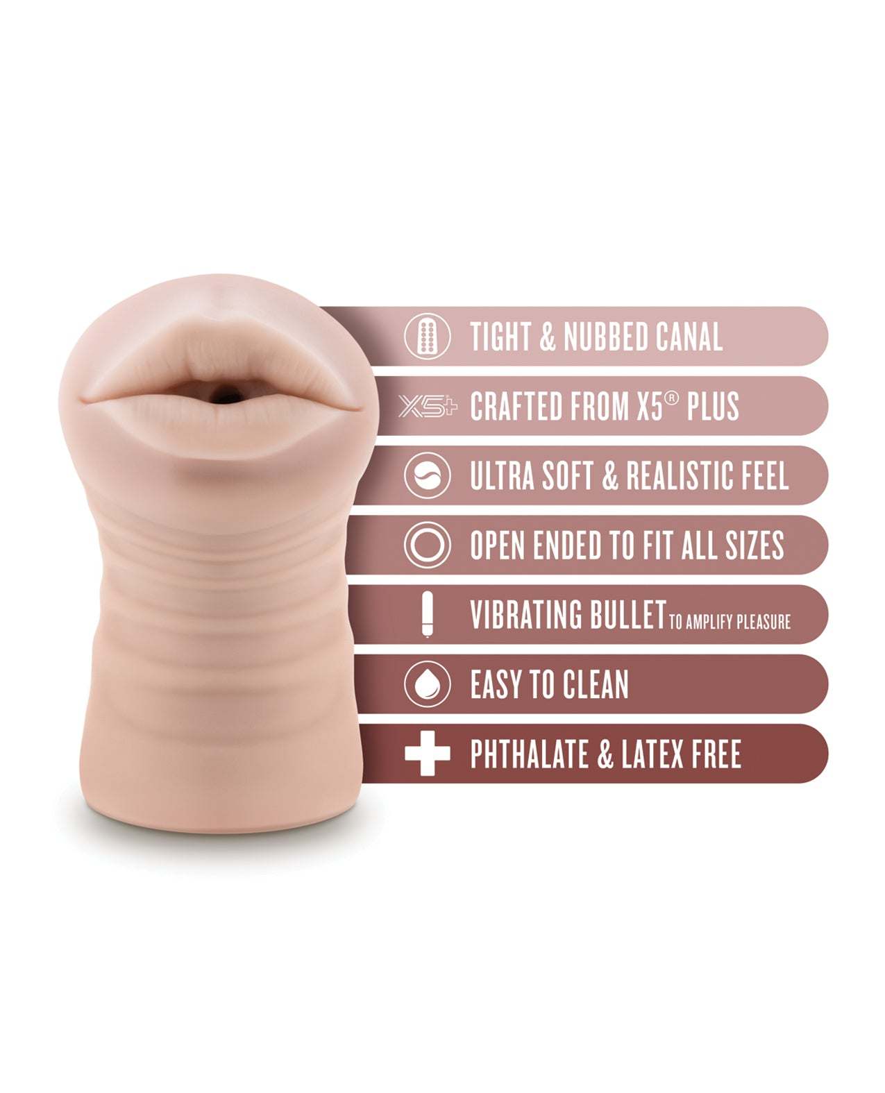 Blush EnLust Mouth Stroker with vibrating bullet featuring tight nubbed canal, ultra-soft X5 Plus material, open-ended design, easy to clean, phthalate and latex free.