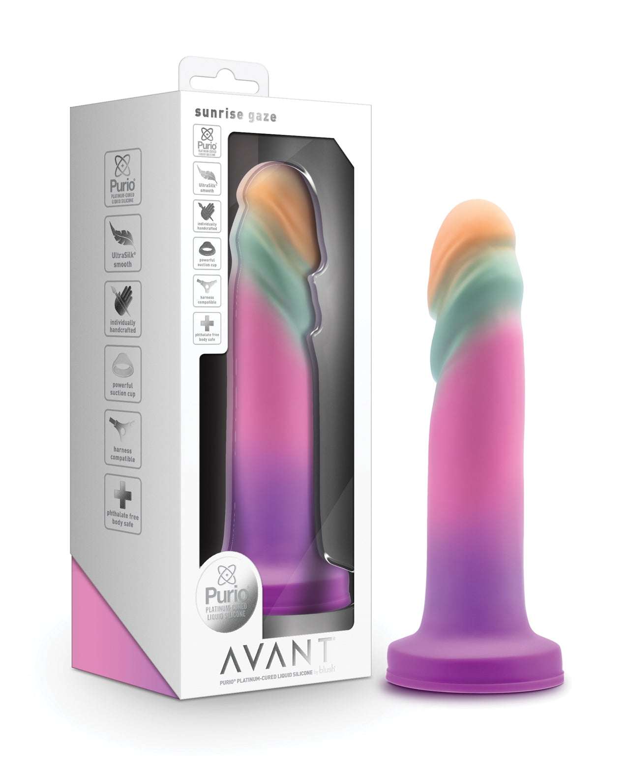 Blush Avant Sunrise Gaze silicone dildo in sherbet colors with textured ridges and suction base, packaged in a white box.