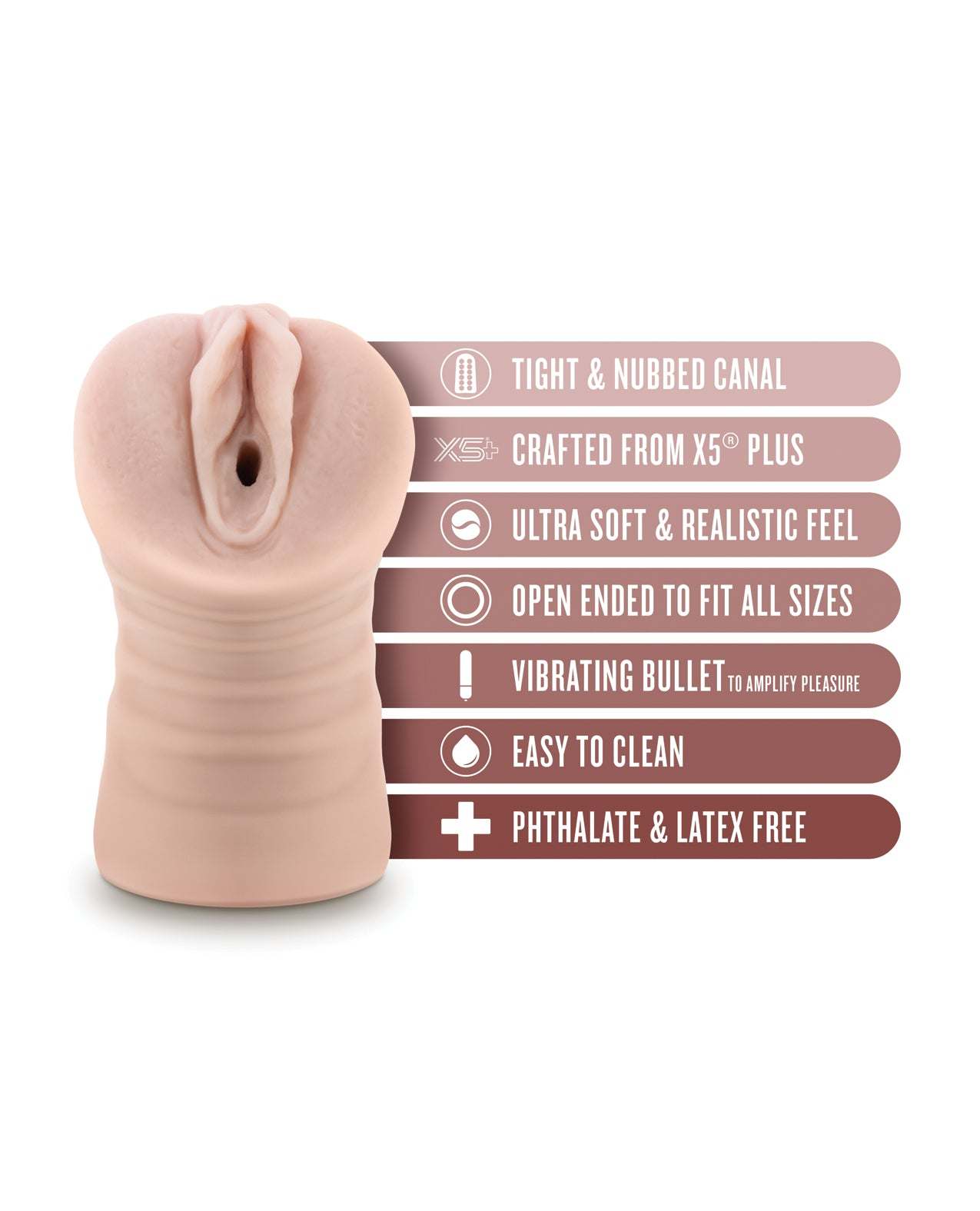 Blush EnLust Pussy Stroker Ayumi with tight nubbed canal, ultra-soft X5® Plus material, vibrating bullet, open-ended design, and easy cleaning.