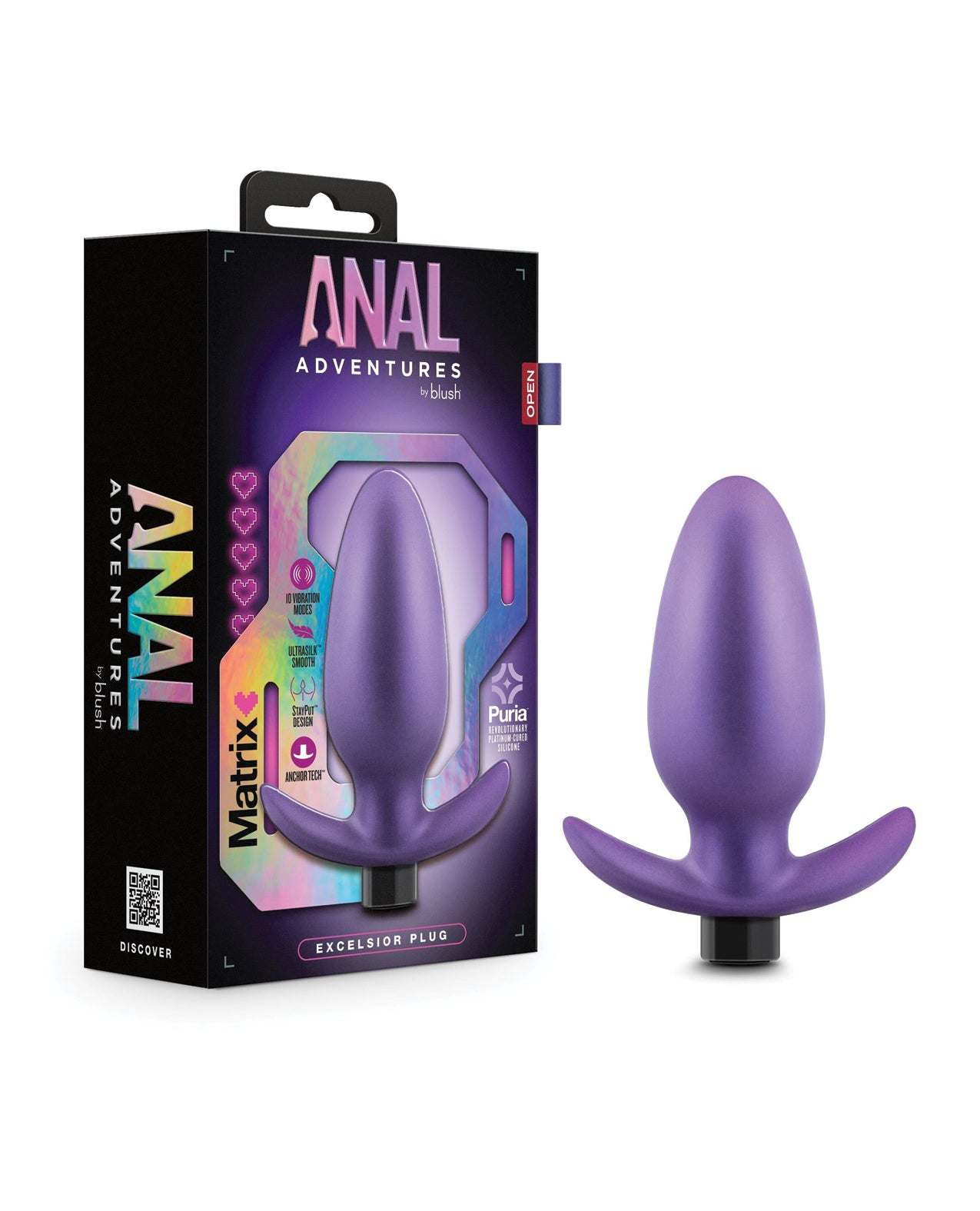 Blush Anal Adventures Matrix Excelsior Astro Violet anal plug with ergonomic design and adjustable vibrations in sleek packaging