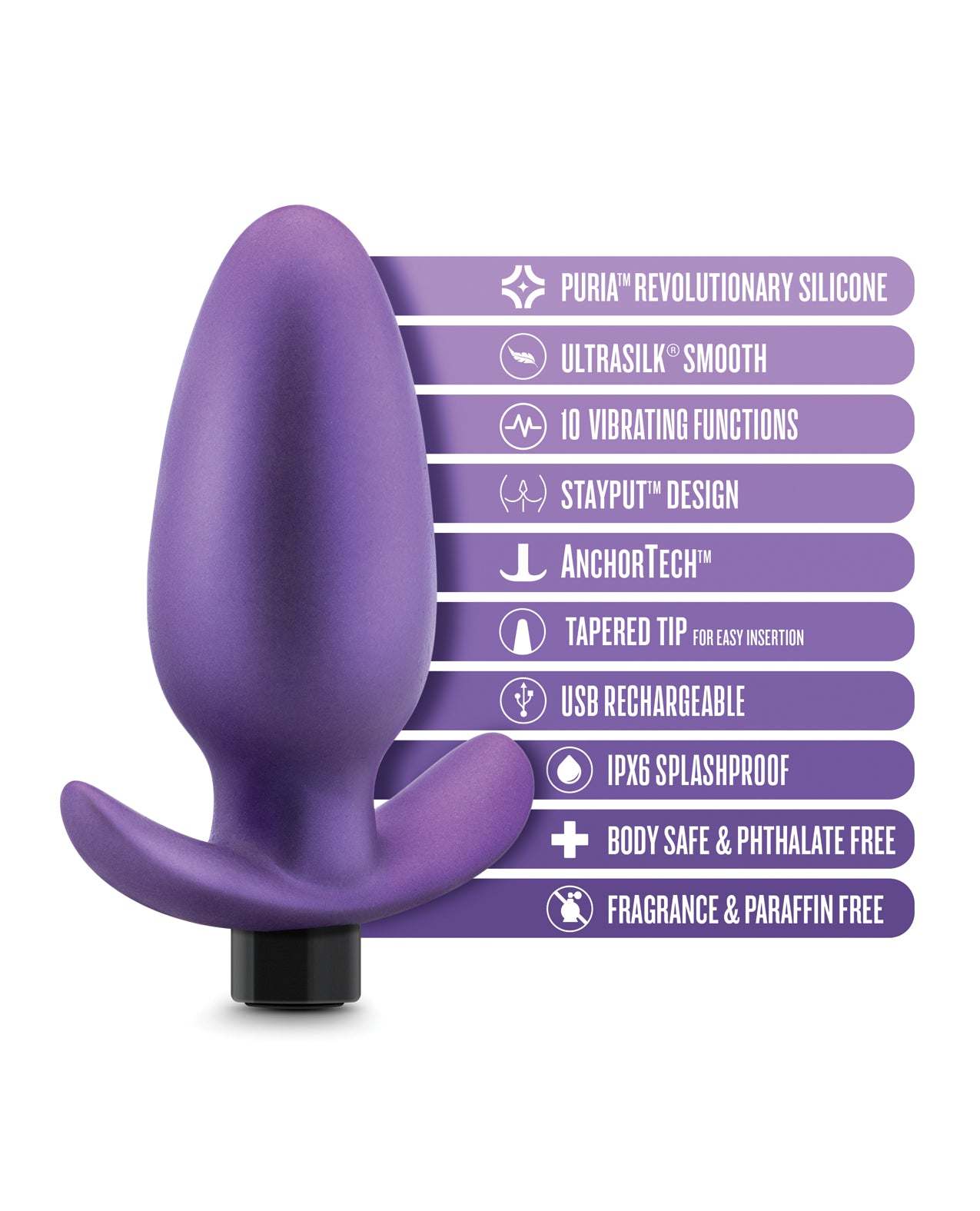Blush Anal Adventures Matrix Excelsior Astro Violet anal plug with 10 vibration settings, USB rechargeable, body-safe silicone, and StayPut design