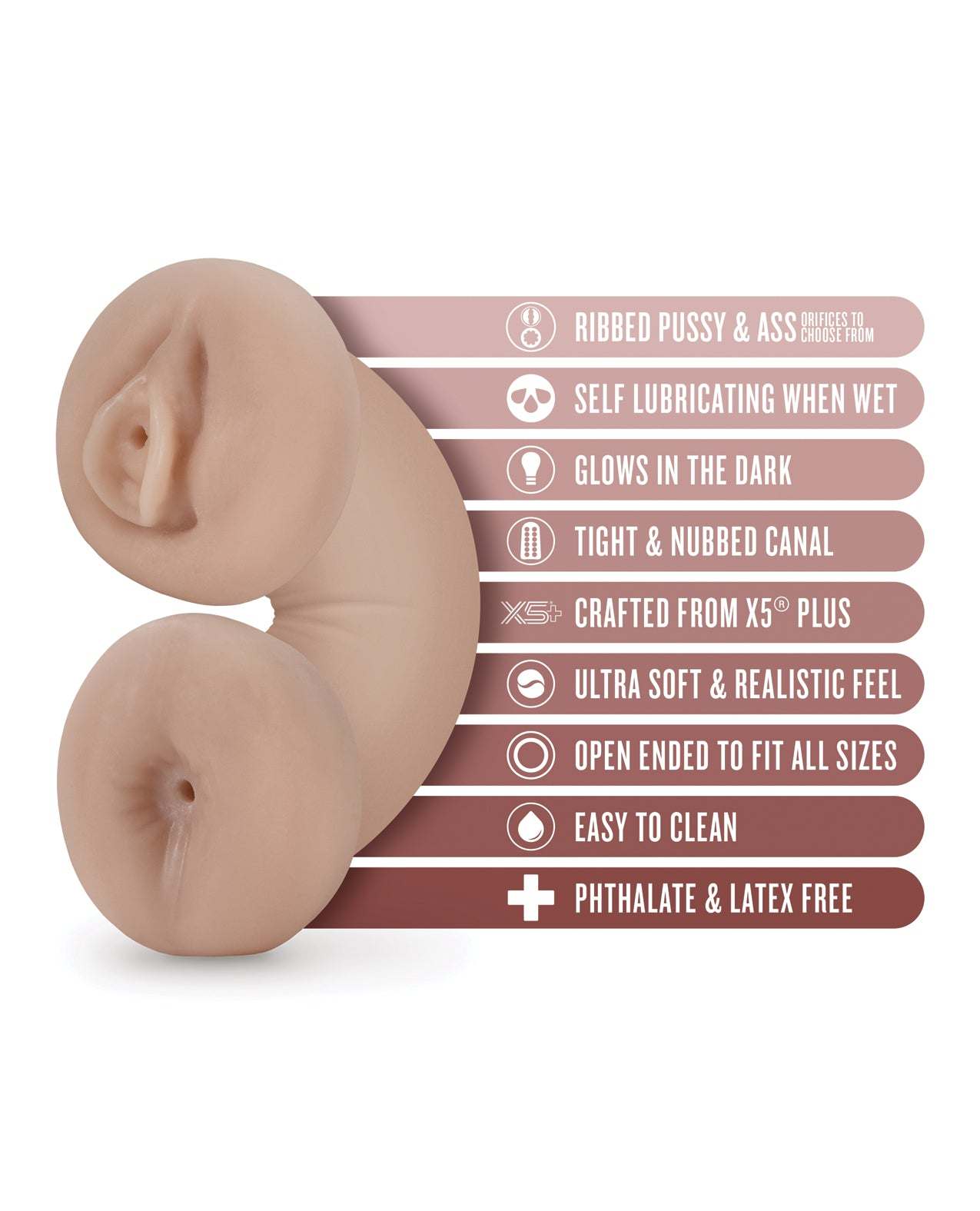 Blush EnLust Soft & Wet glow-in-the-dark dual-ended male stroker with ribbed pussy and ass orifices, self-lubricating, ultra-soft X5 Plus material, open-ended and easy to clean