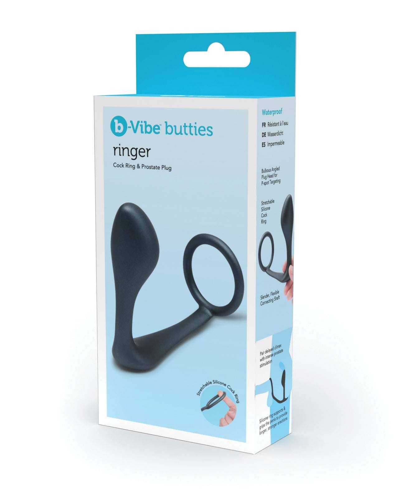 b-Vibe Ringer Cock Ring and Prostate Plug in black silicone packaging box