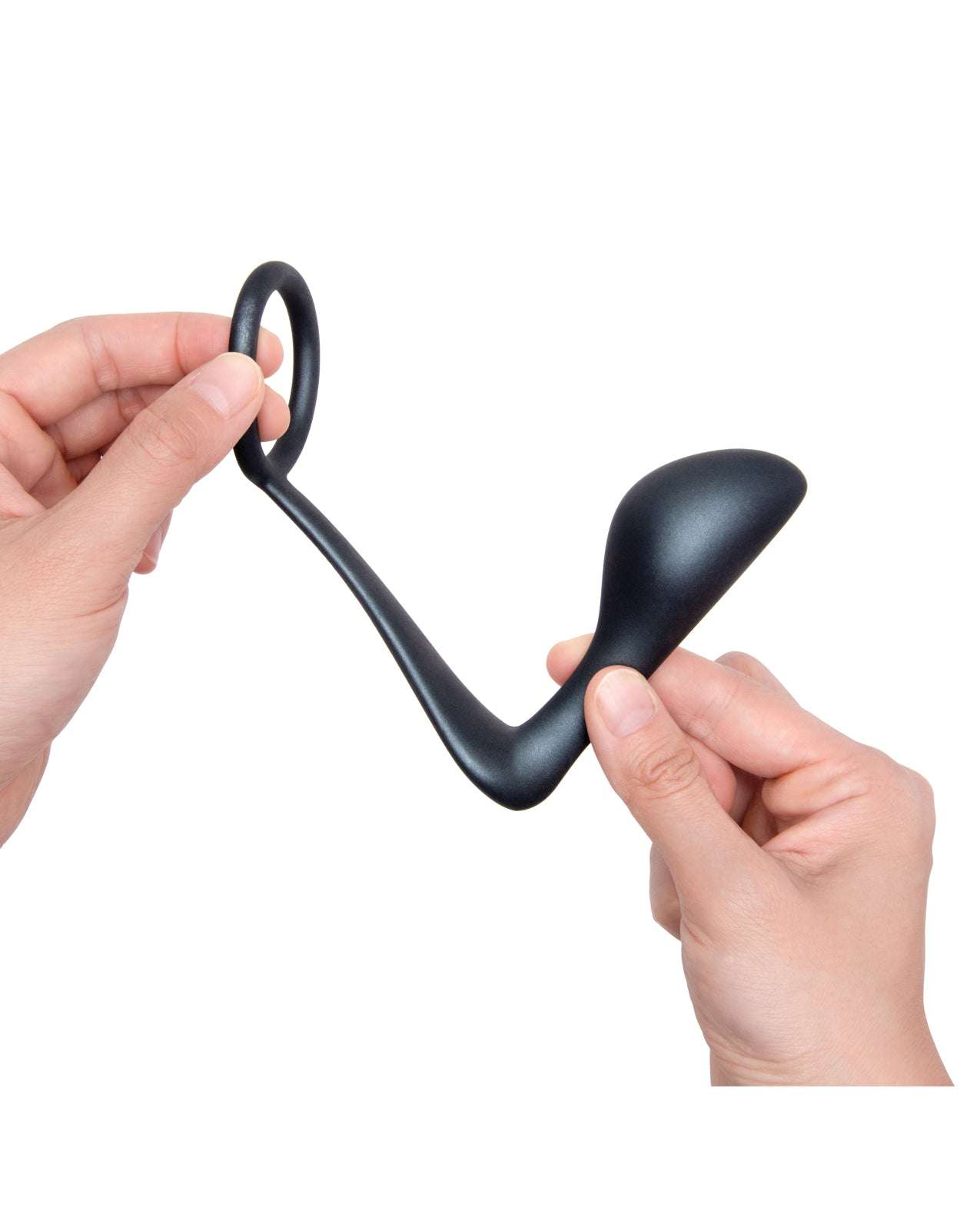 b-Vibe Ringer Cock Ring and Prostate Plug in black silicone held by hands
