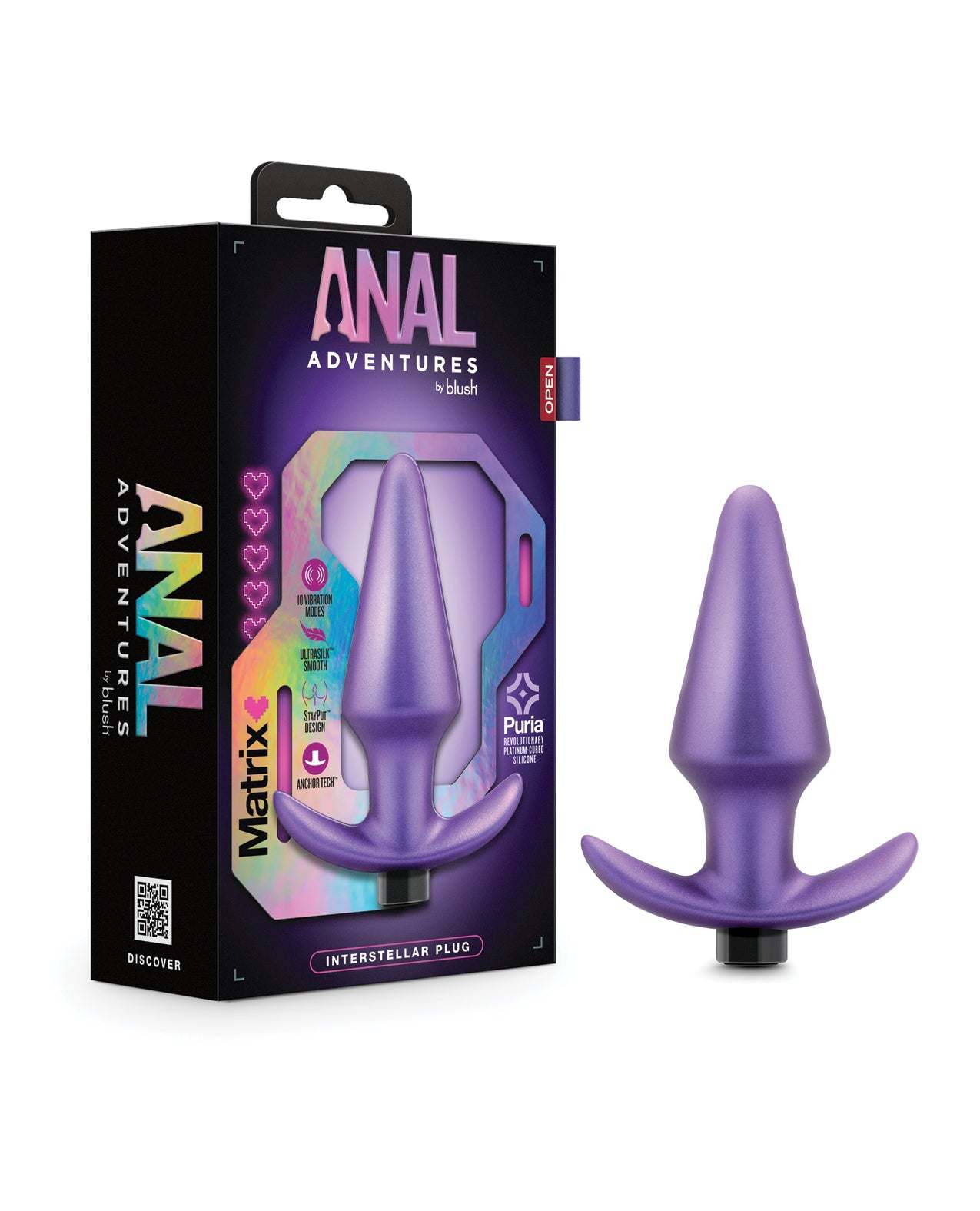 Blush Anal Adventures Matrix Interstellar Plug in Astro Violet with ergonomic design and 10 vibration settings.