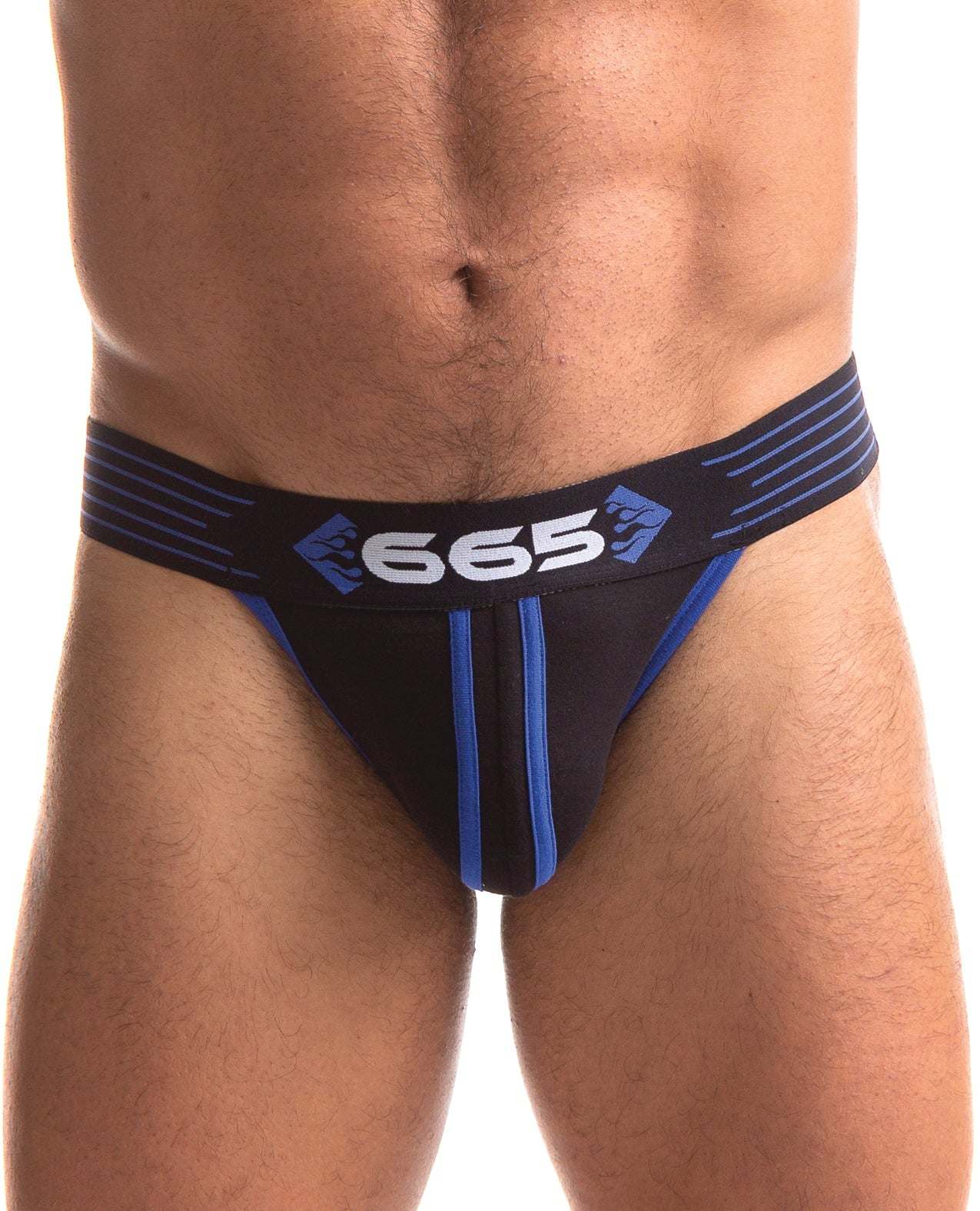 665 Rally Jockstrap in black with blue accents and bold logo waistband, designed for comfort and style