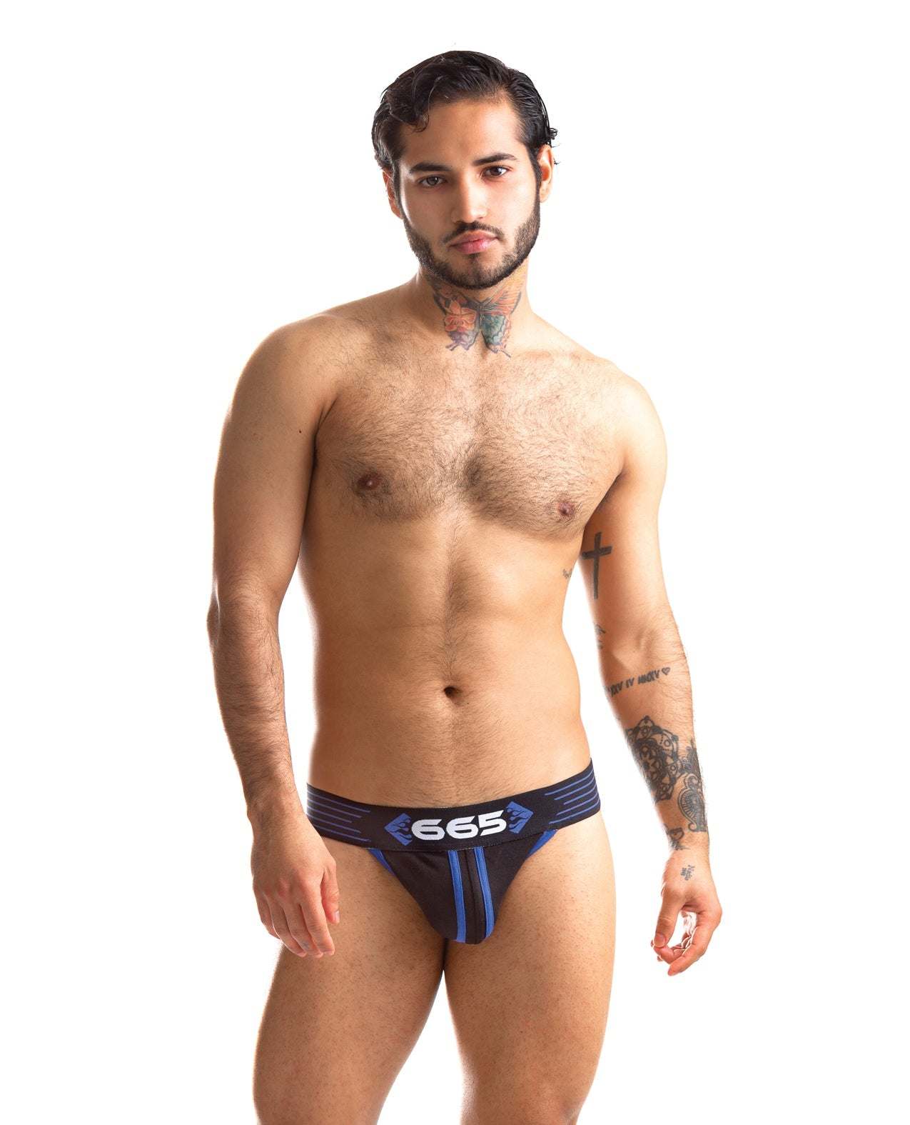 Male model wearing a black and blue 665 Rally Jockstrap with a bold waistband logo against white background