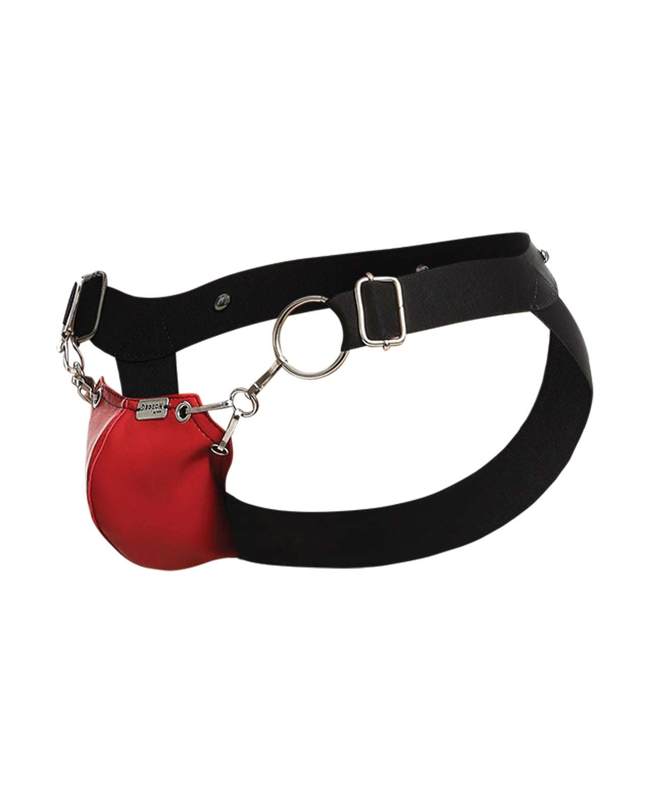 Dngeon Snap Jockstrap in red faux leather with black adjustable straps and metal rings for support and style.